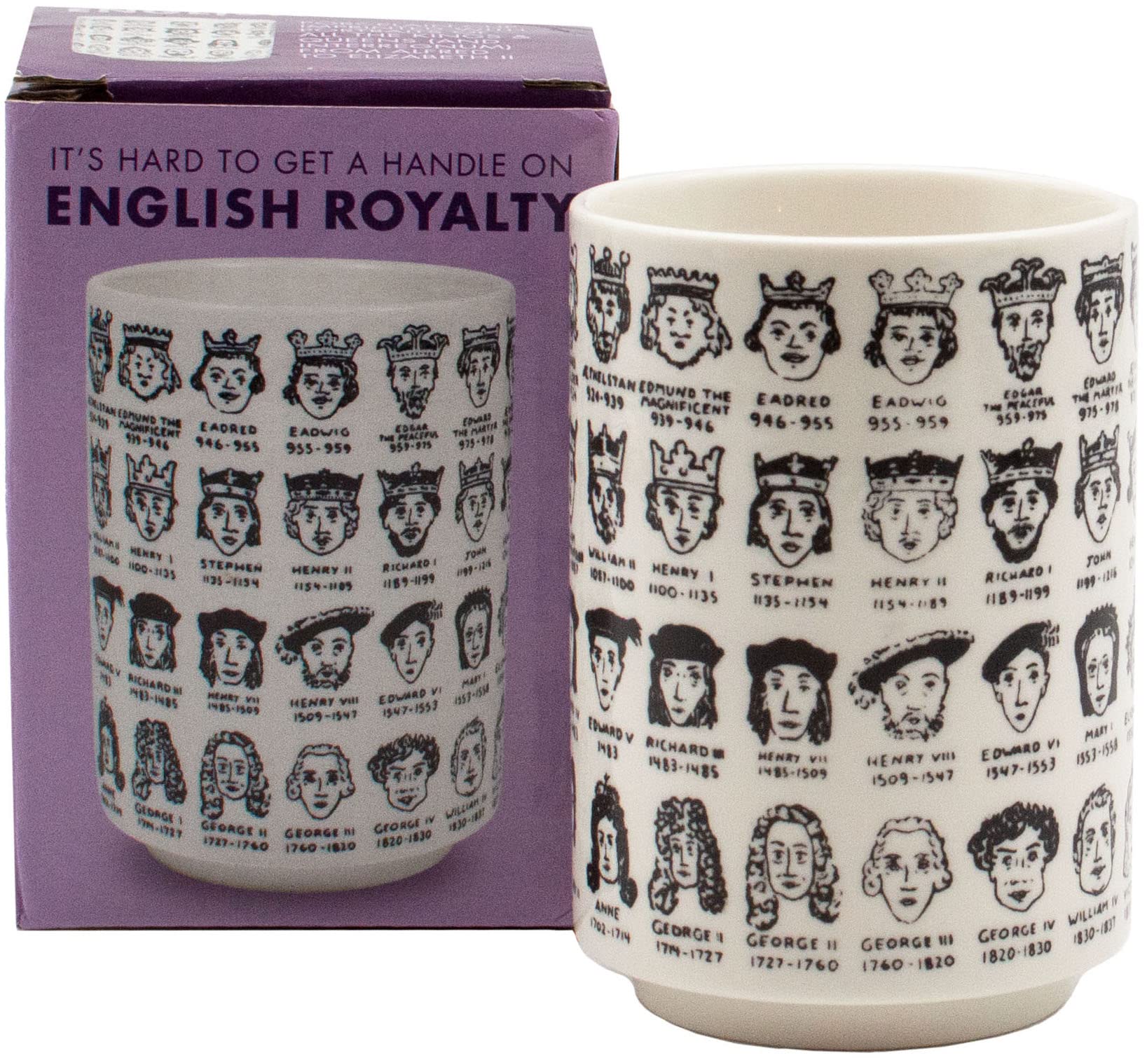 The Unemployed Philosophers Guild It'S Hard To Get A Handle On English Monarchs - Porcelain Tea Cup Imprinted With Kings And Que
