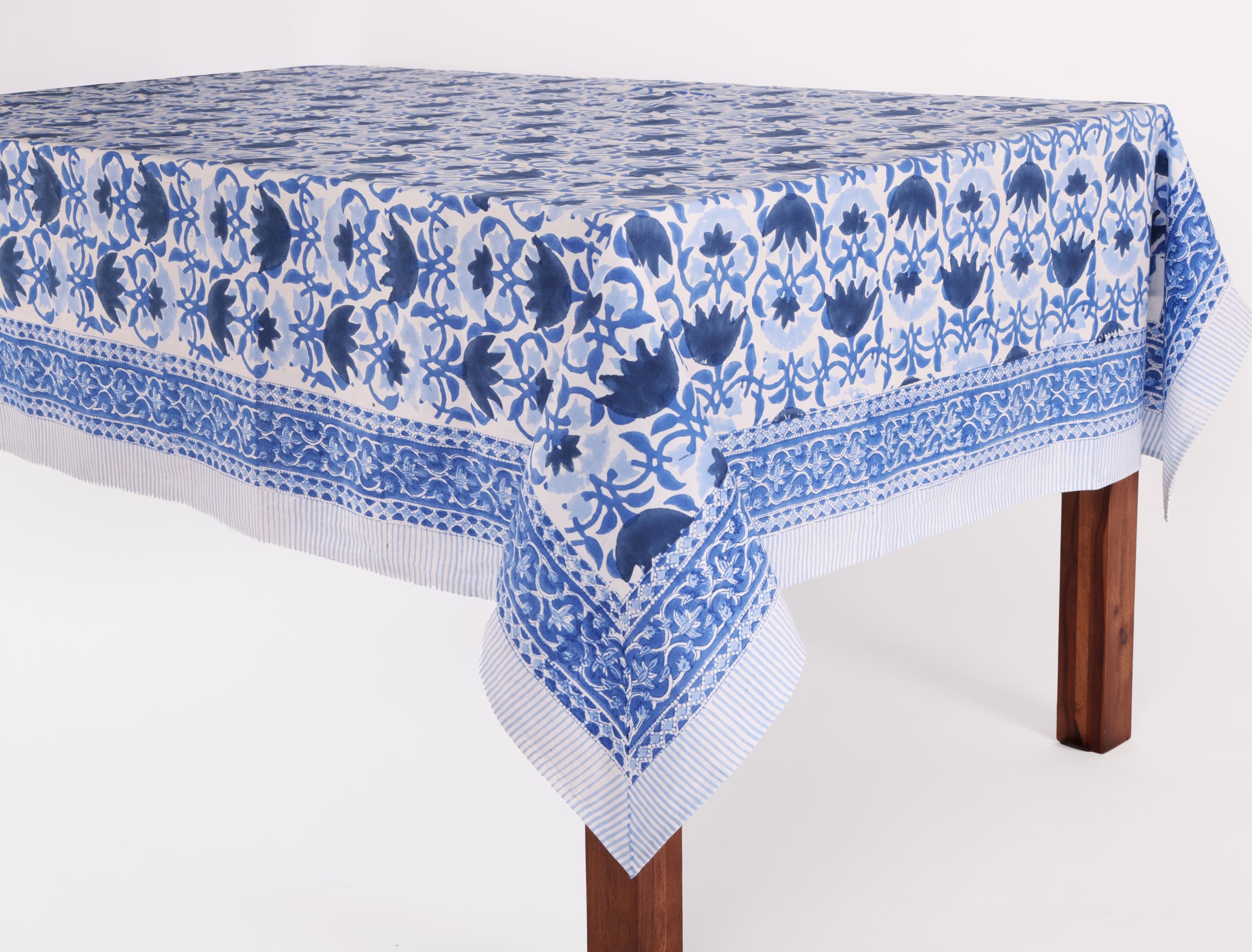 ATOSII Positano Blue 100% Cotton Rectangle Fall Tablecloth, Handblock Floral Linen Table Cloth for Kitchen Dining Table I Partie