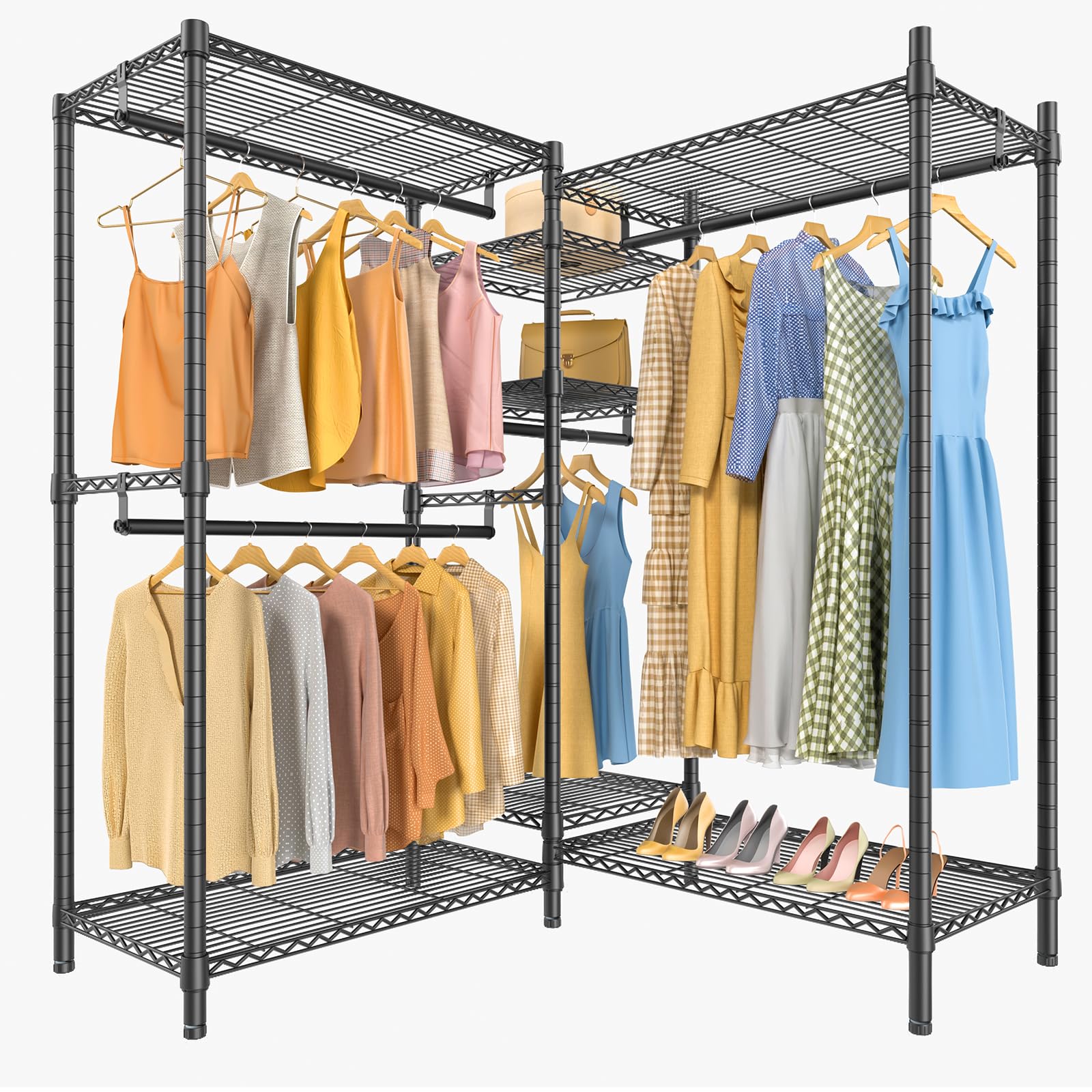 Vipek L6 Heavy Duty Clothes Rack L Shape Clothing Rack 5-Tier Wire Garment Rack Freestanding Closet With 7 Adjustable Shelves &