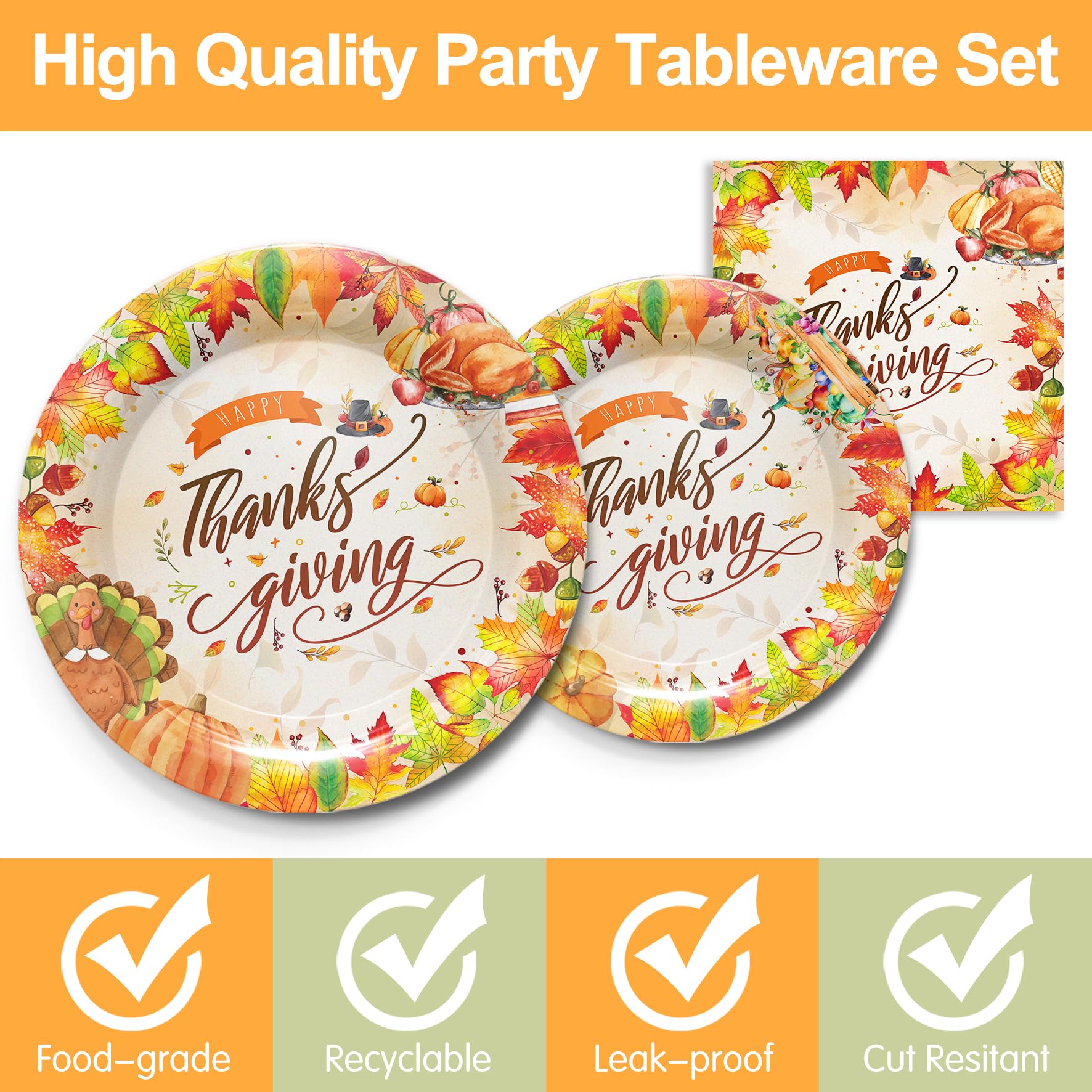 Piooluialy Thanksgiving Party Supplies Tableware - Happy Thanksgiving Turkey Party Decorations Include Plates, Napkins, Cups, Cu
