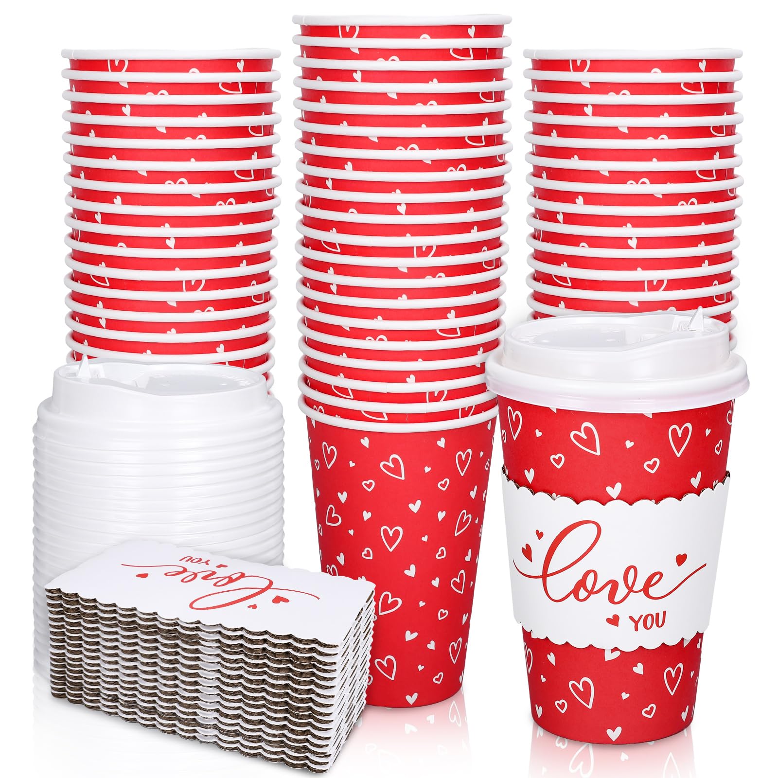 Whaline 50 Set Valentine'S Day Disposable Coffee Cups With Lids And Sleeves Red White Love Heart Paper Drinking Cups For Wedding