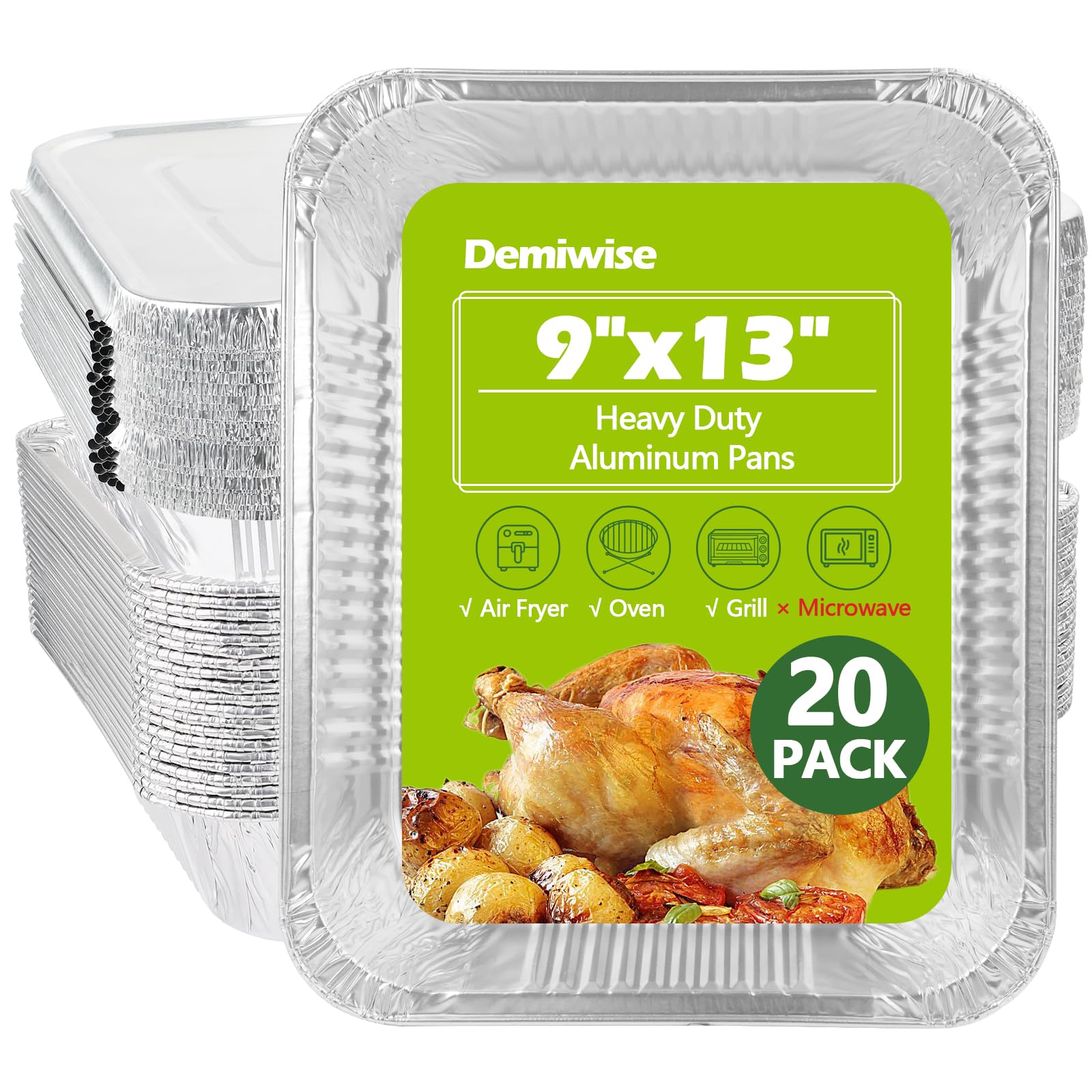 Demiwise Thickened 20 Pack Heavy Duty Aluminum Pans with Lids, 9x13 Aluminum Foil Pans Disposable, Half Size Steam Table Foil Ba