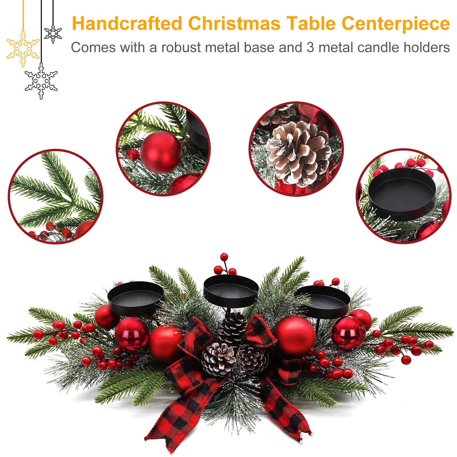 Christmas Table Centerpieces Decorations, 27.5 Inch Designed with Golden Bowknot Baubles Ornaments, Artificial Golden Berries an