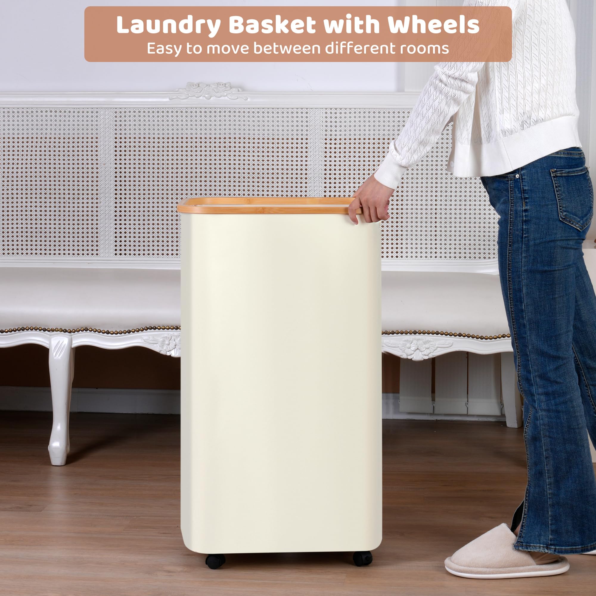 Iegrow Laundry Basket With Wheels, 110L Beige Clothes Hamper For Laundry, Laundry Hamper With Lid And Inner Bag, For Laundry Roo