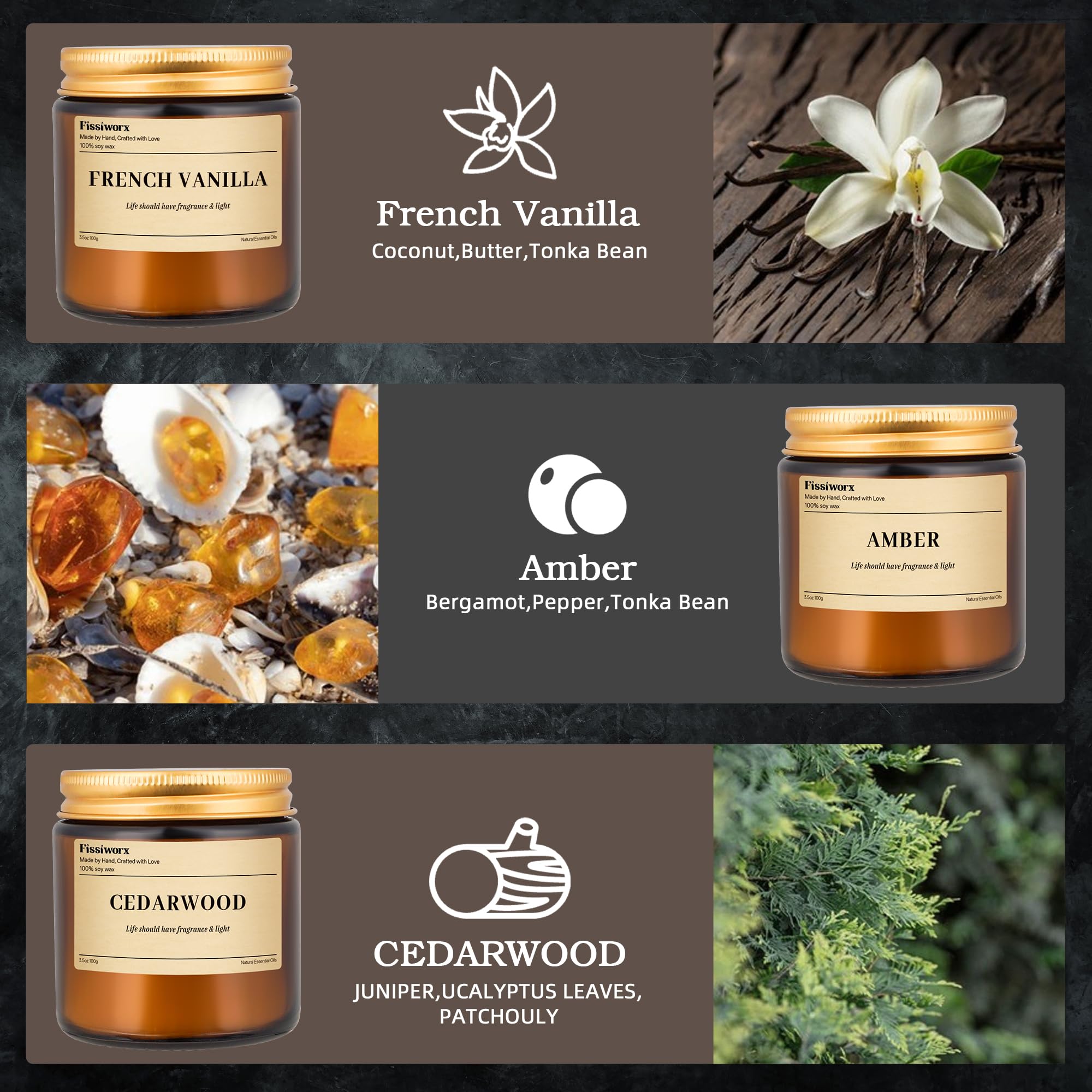 9 Pack Soy Candles for Home Scented |(Vanilla/Amber/Cedarwood) Long-Lasting 270 Hours, Natural Scented Candles Gift for Women &