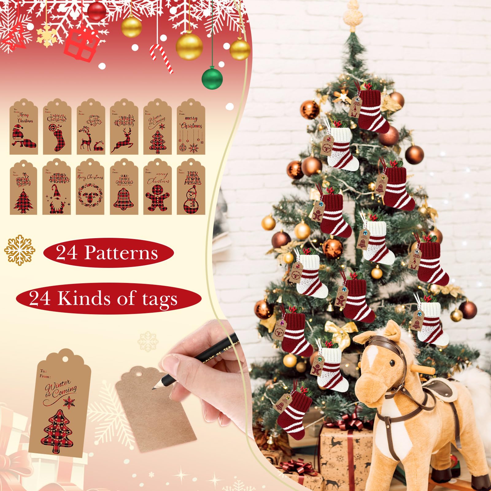 Glimin 24 Set Mini Christmas Stockings Set 6 Inch Red White Knitted Stripe Xmas Hanging Stocking with Kraft Paper Gift Tags Bell