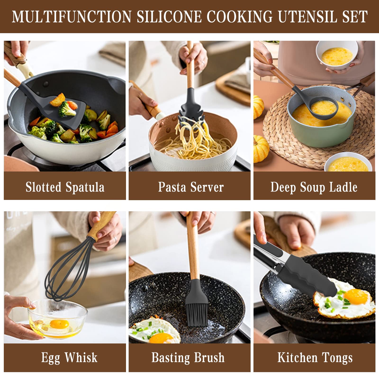 Umite Chef Kitchen Cooking Utensils Set, 33 Pcs Non-Stick Silicone Spatula Set With Holder, Woodle Handle Heat Resistant Gadgets