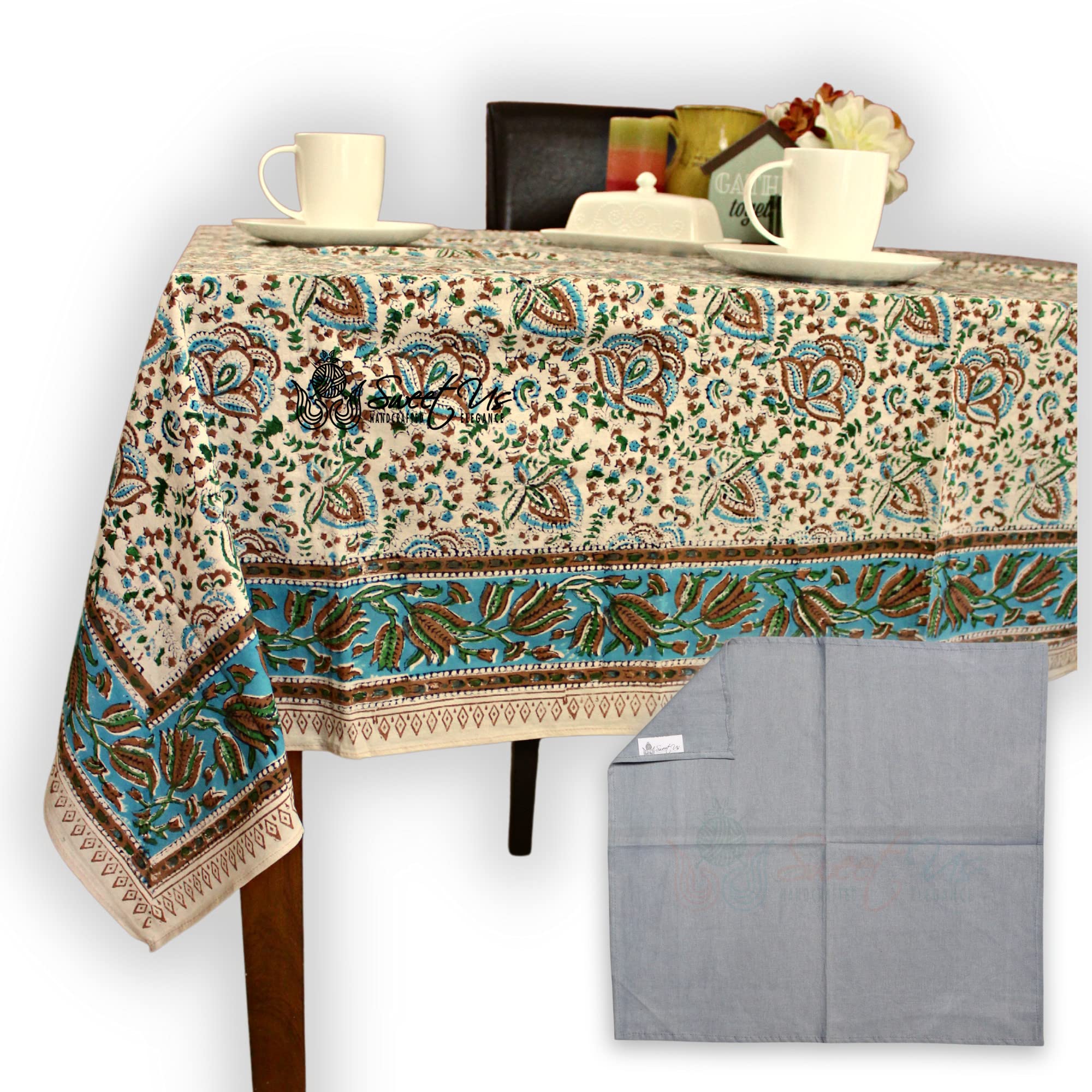 Sweet Us Ashlyn Block Print Tablecloth For Square Tables 70X70 And One Gray Napkin, Floral Cotton Kitchen, Dining Linen, Sky Blu