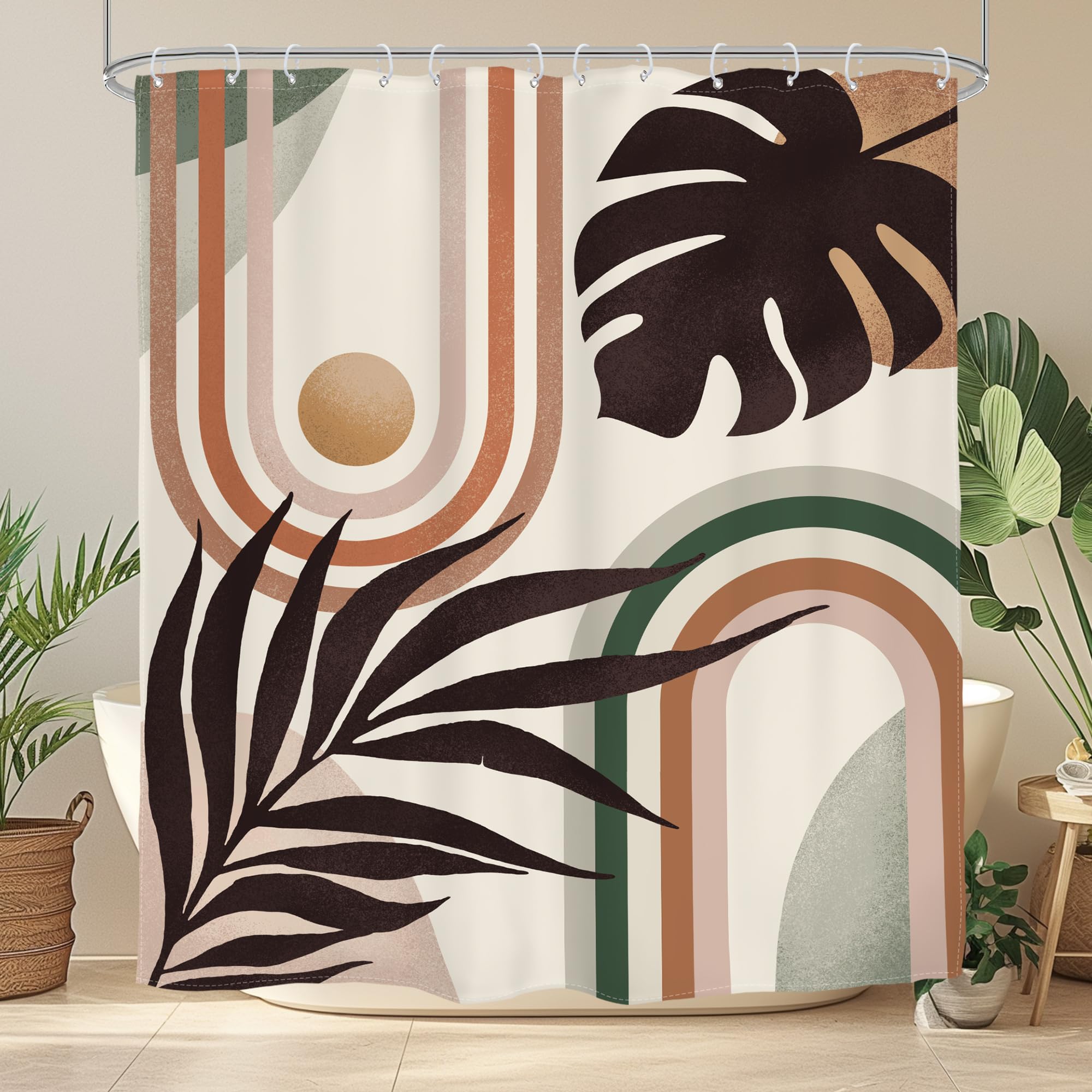 Glawry Boho Mid Century Shower Curtain Abstract Tropical Plant Minimalist Bohemian Botanical Palm Leaf Bathroom Modern Geometric