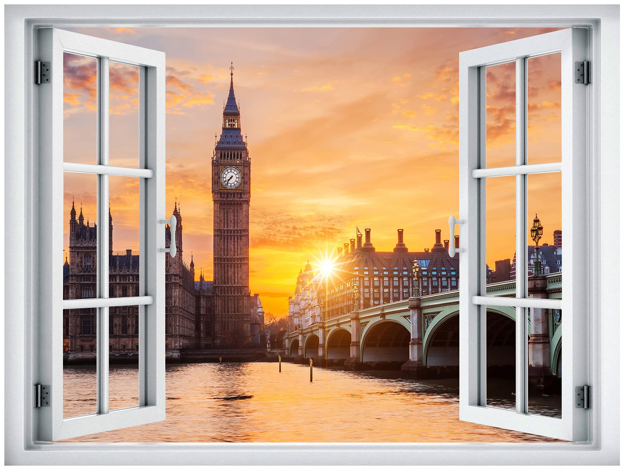 Wall26 Removable Wall Sticker/Wall Mural Window View London England Big Ben Bridge At Sunset Nature Wilderness Photography Reali