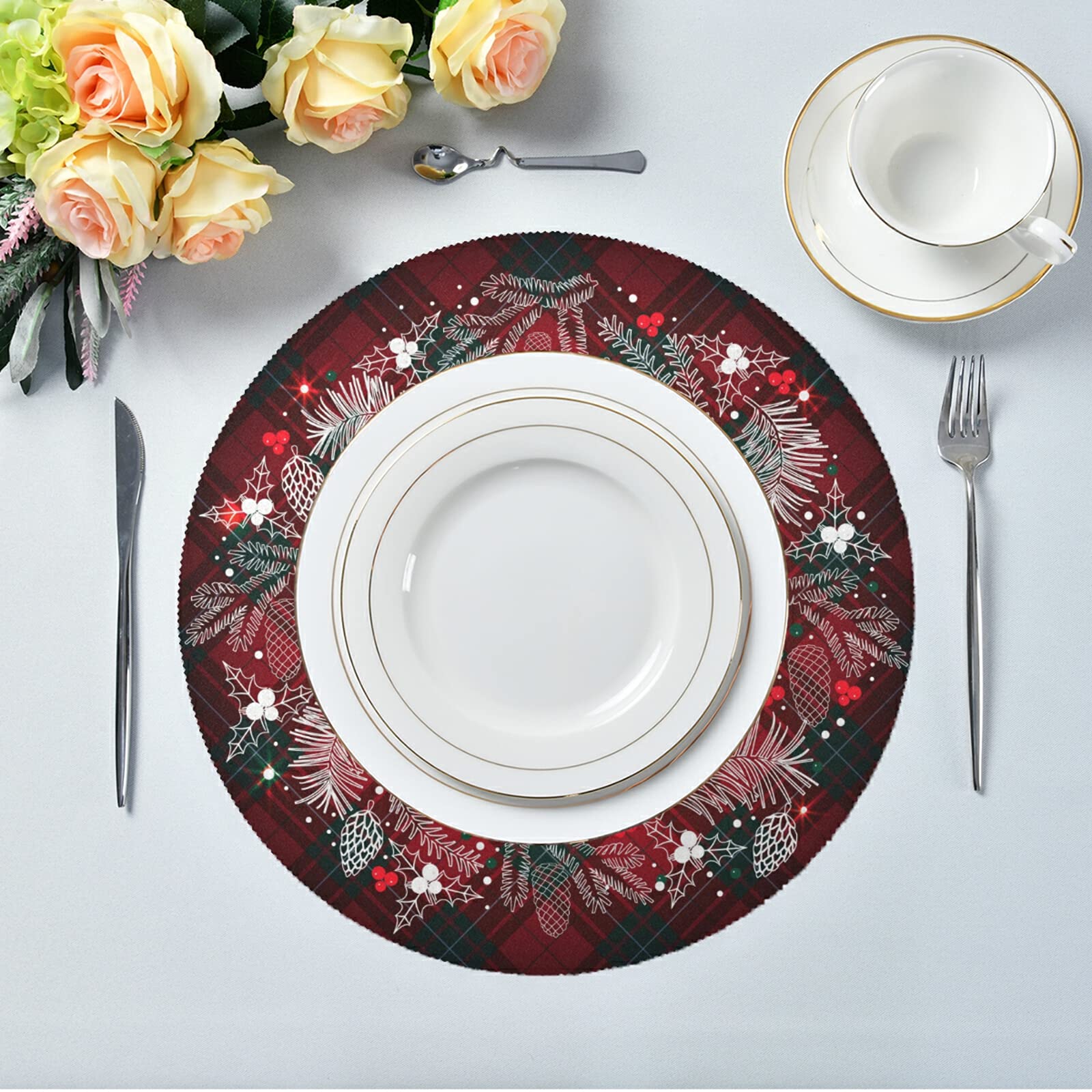 Kcldeci Merry Christmas Round Placemats Set Of 4 For Dining Table, Xmas Place Mats Buffalo Check Plaid Wreath Heat Resistant Kit