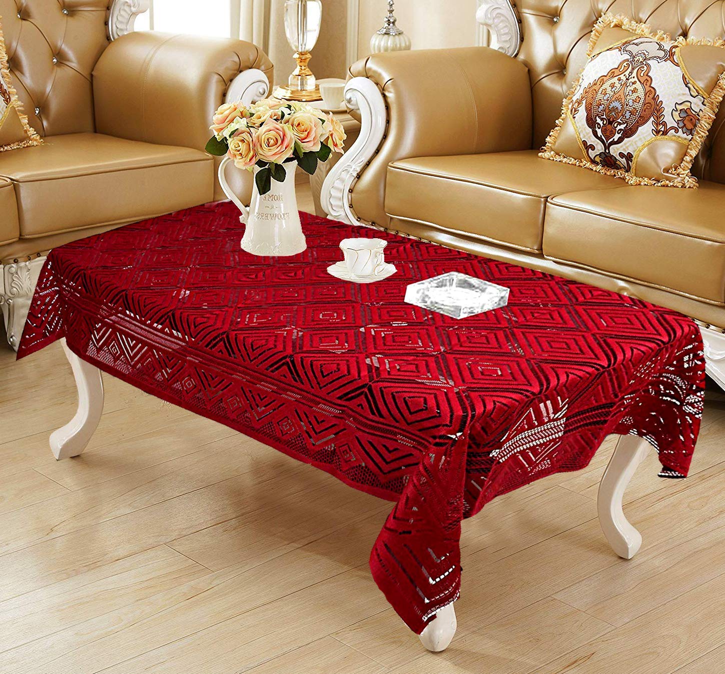 Dakshya Industries Geometric Cotton Center Table Cover (40x60 Inches  Maroon)