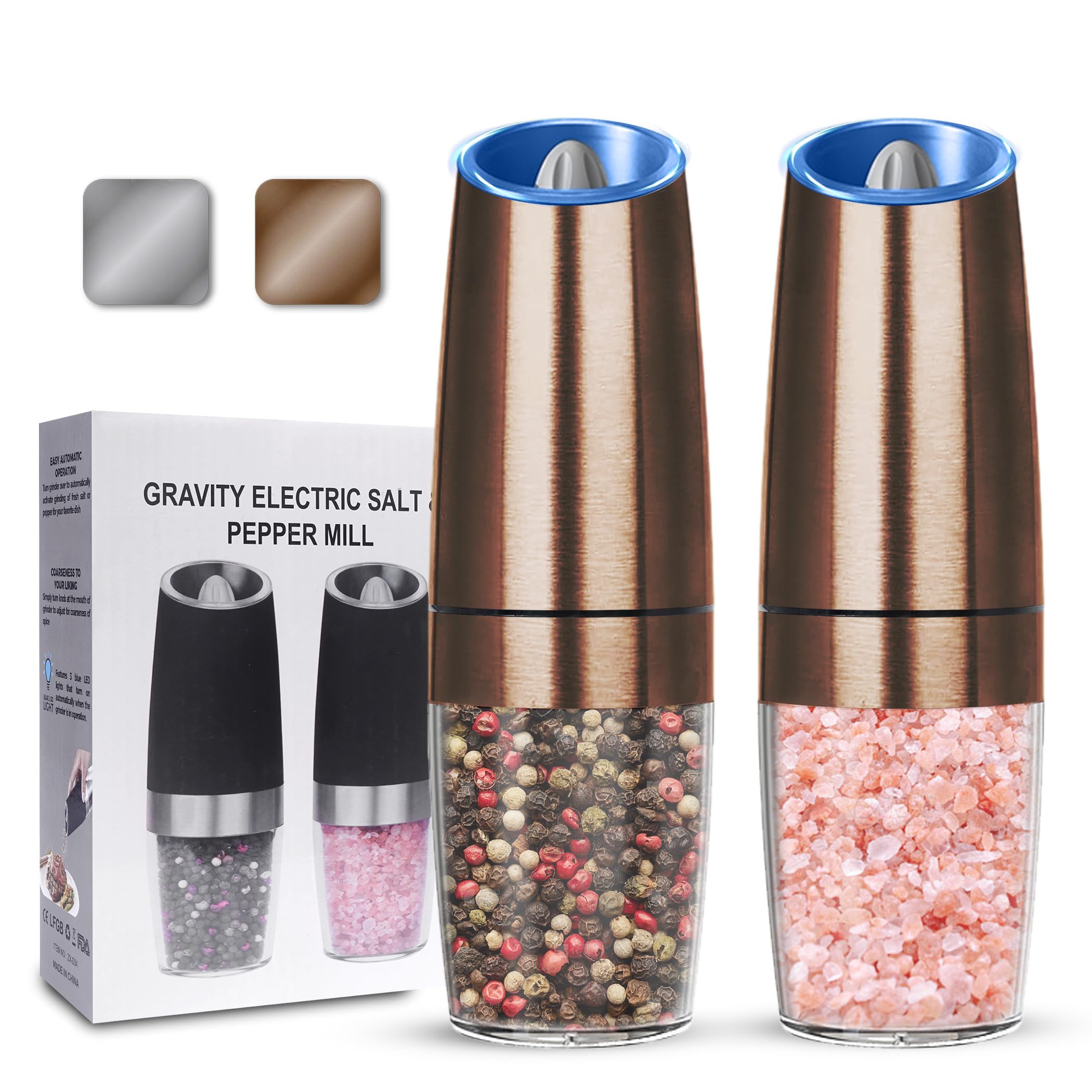 UNNEES Gravity Electric Salt and Pepper Grinder set of 2, Automatic Salt And Pepper Grinder Set, Adjustable Roughness, Battery P