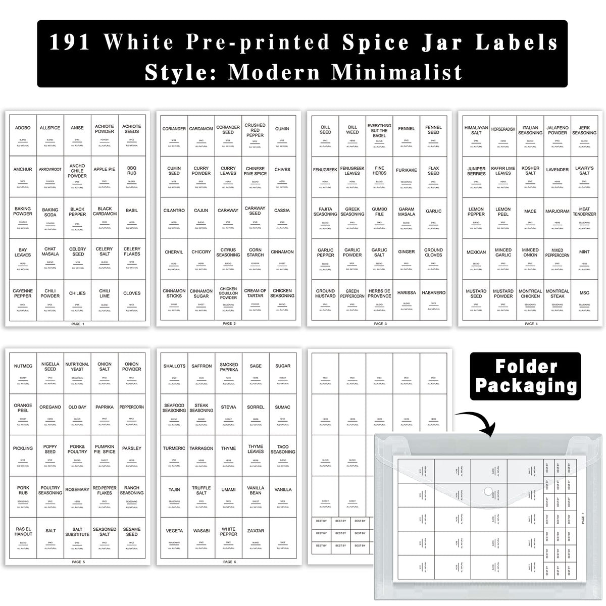 GPOVVIMX 191 Spice Jar Labels Preprinted Minimalist Stickers - White W ...