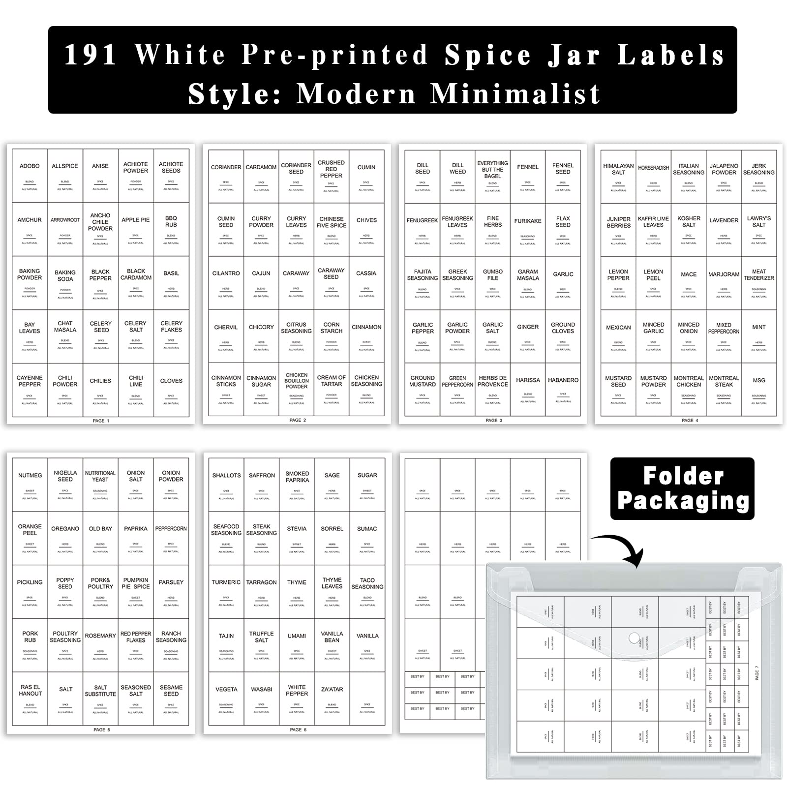 GPOVVIMX 191 Spice Jar Labels Preprinted Minimalist Stickers - White Waterproof Label - Fit Round or Rectangle Spice Jars - Herb