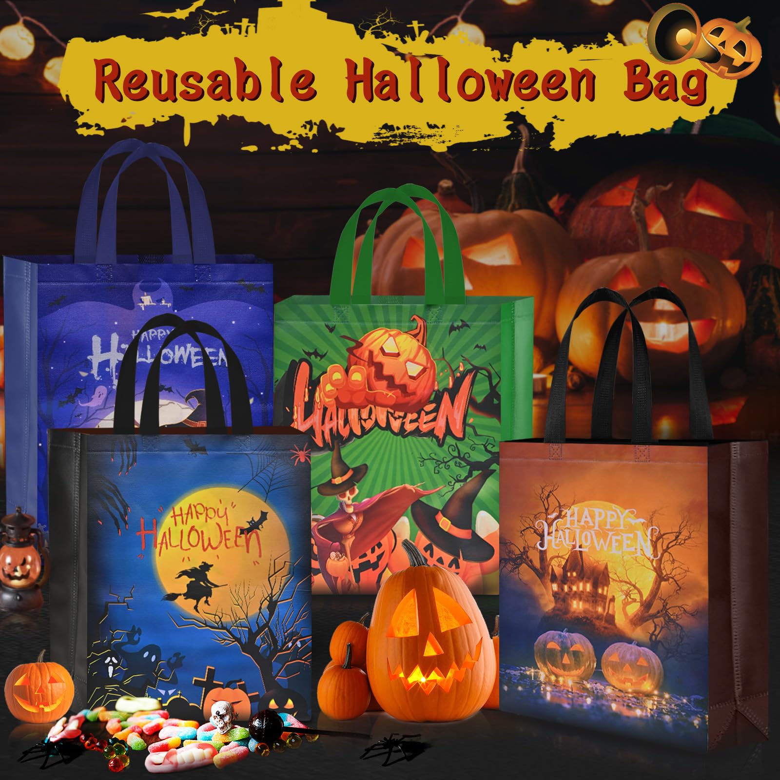 Ahfulife 12 Pcs Halloween Trick Or Treat Bags, Large Halloween Candy Tote Bags With Handles, Reusable Halloween Non-Woven Gift B