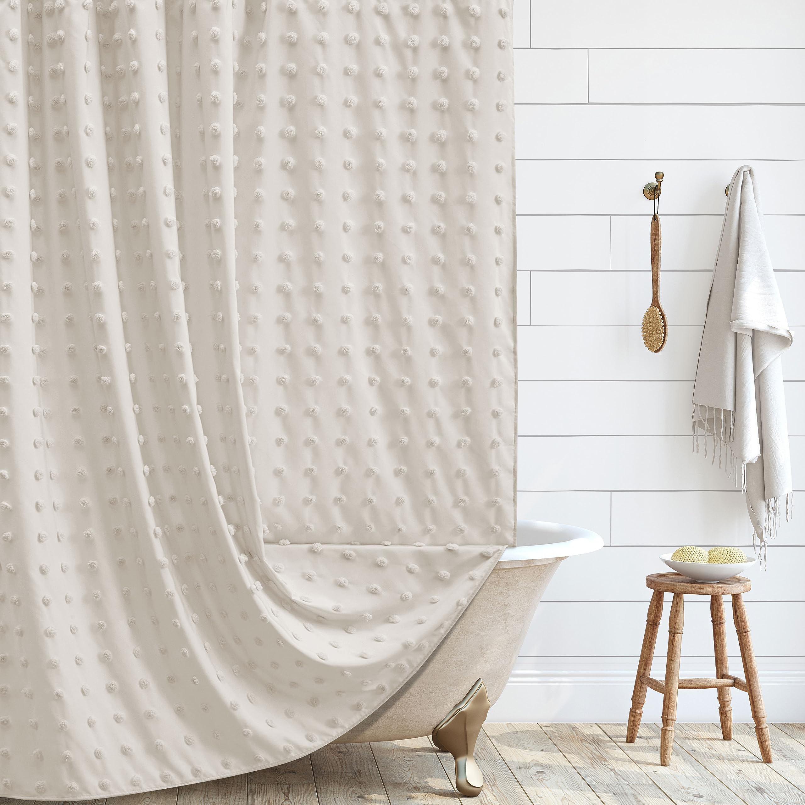Extra Long Boho Farmhouse Shower Curtain Woven Fabric Beige 84 Inch Shower Curtain, 72 X 84 Tufted Pleat Floral Puffs Textured M