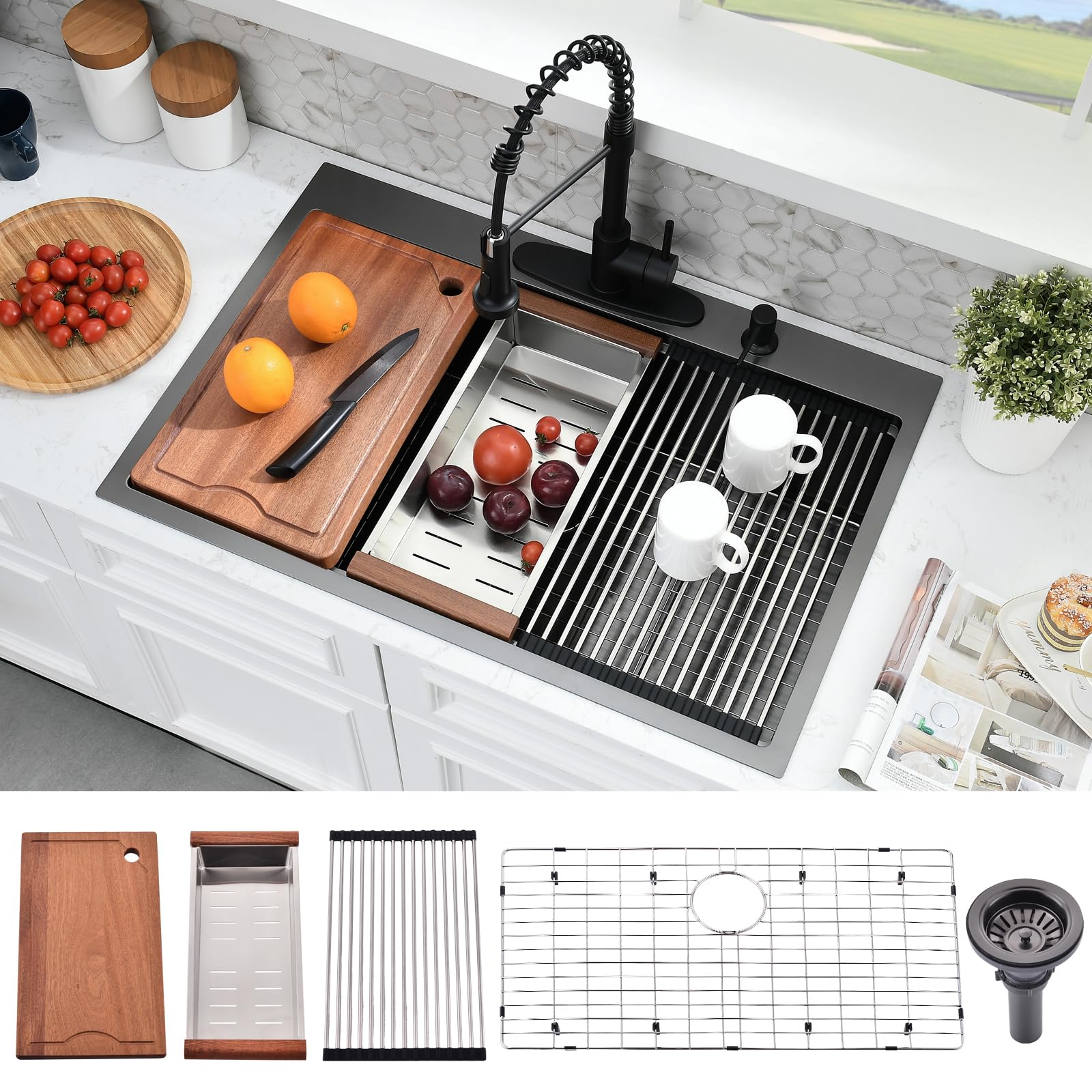 33 Inch Drop In Kitchen Sink Black Workstation-Somrxo 33 X 22 Kitchen Sink Drop In Workstation Kitchen Sink Topmount 16 Gauge Gu