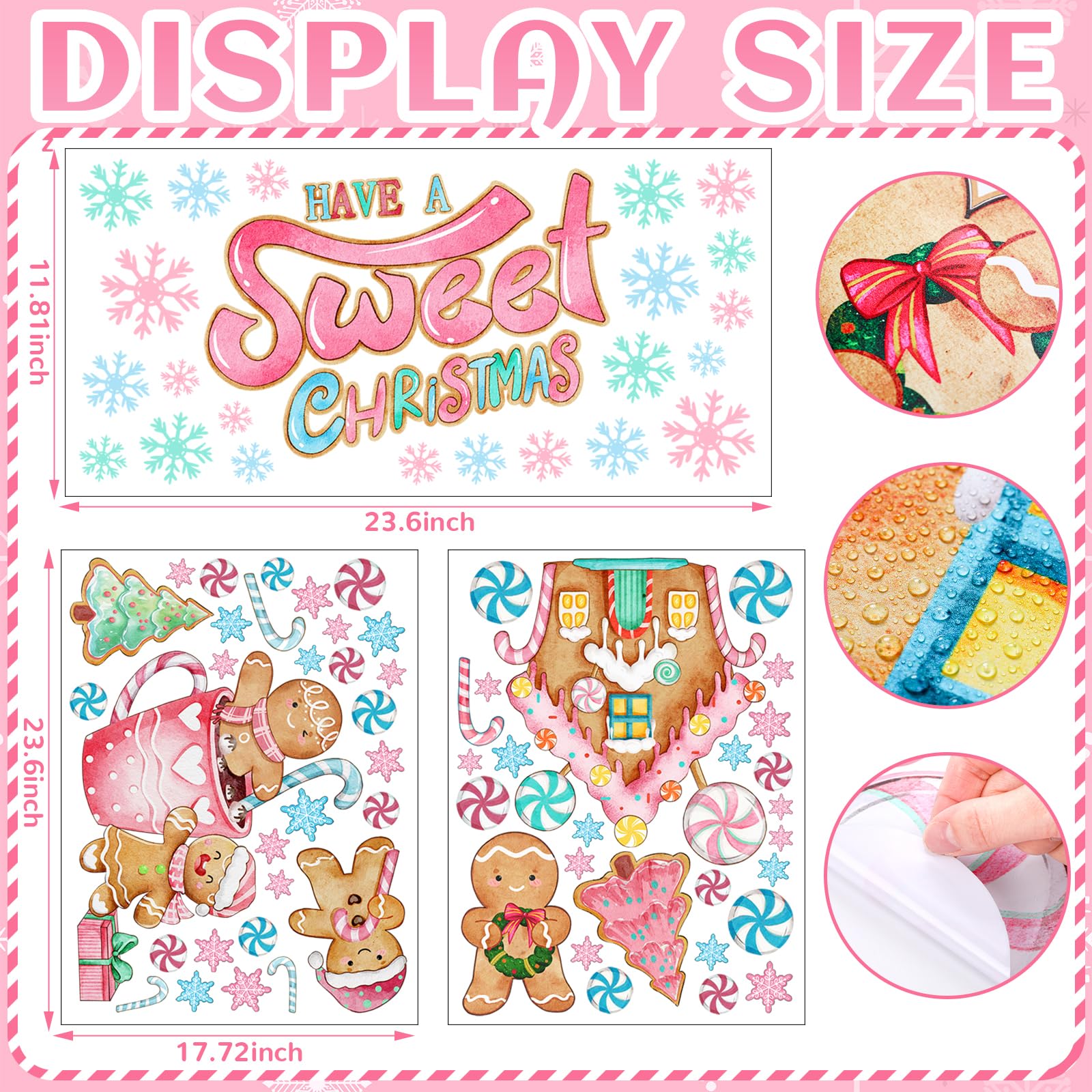 Outus 3 Sheet Christmas Wall Decal Large Pink Gingerbread Wall Decal 23.6 x 11.8 Inch, 23.6 x 17.7 Inch Christmas Window Clings