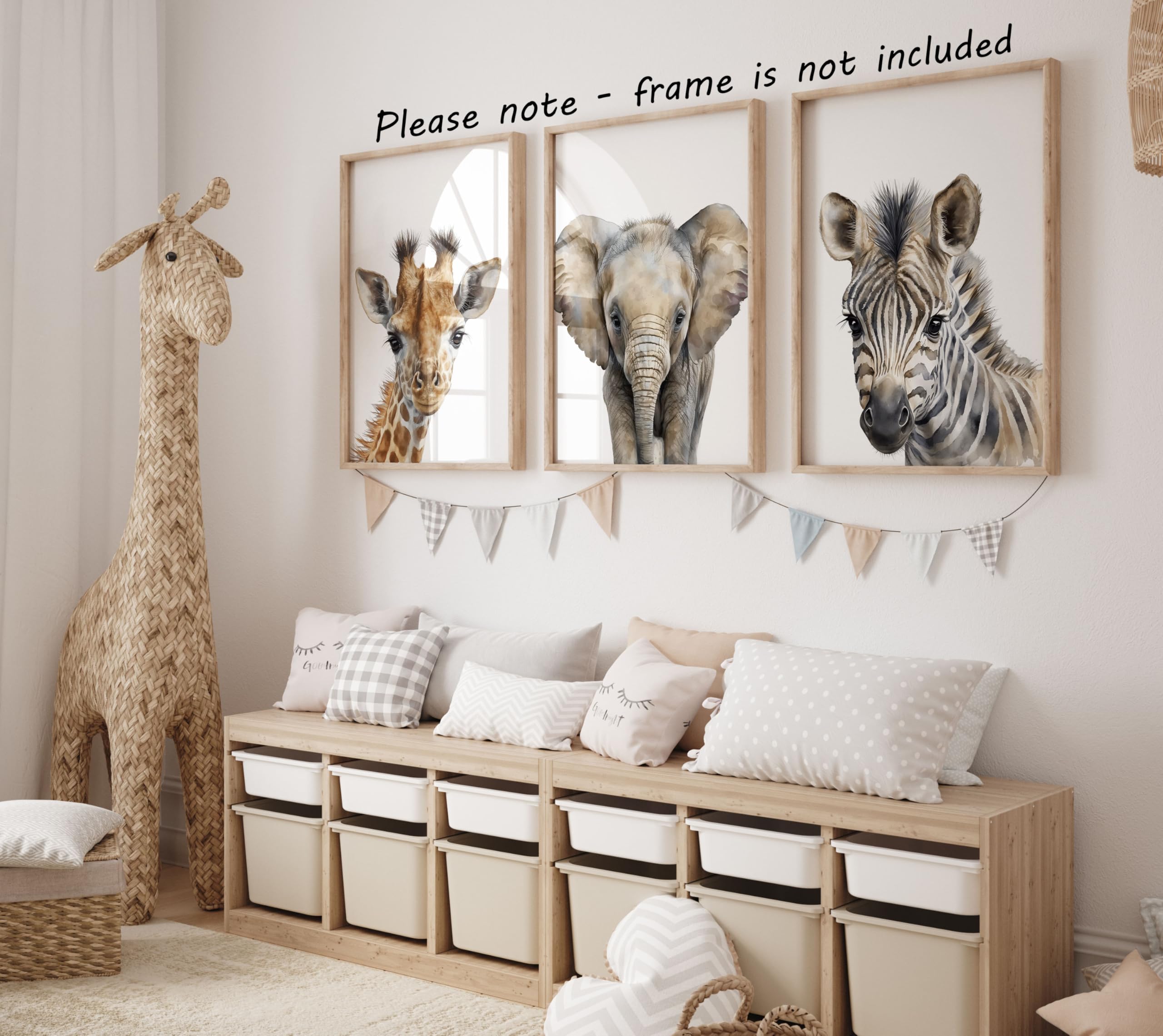 Safari Animals Set Of 3 Unframed Poster Prints, Baby Girl Boy Children Nursery Bedroom Playroom Wall Art Decor, Giraffe Elephant