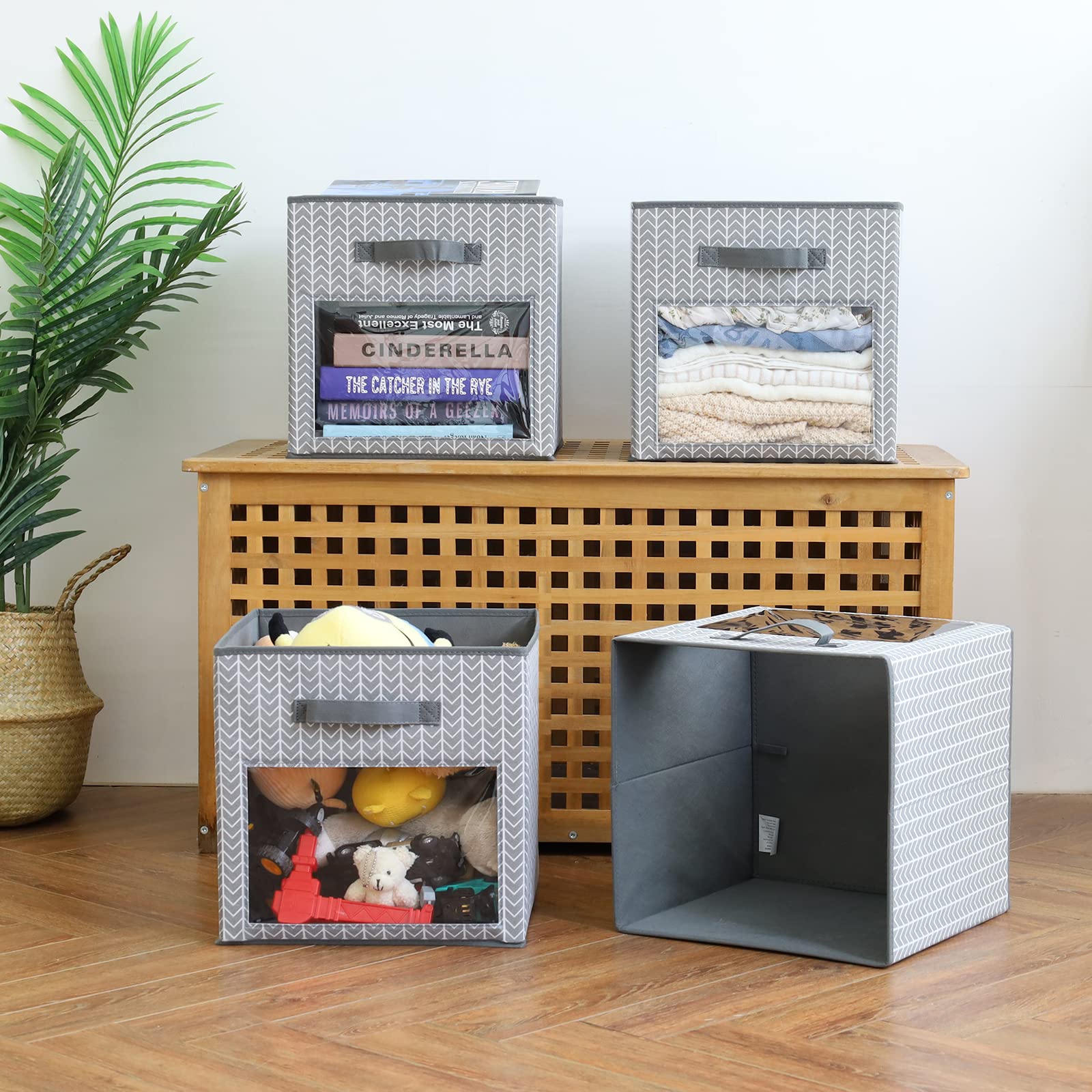 Domeraax Cube Storage Bin 4 Pack With Clear Window Large Boxes Basket With Handles Fabric Closet Organizer 13'' X 13'' X 13'' He