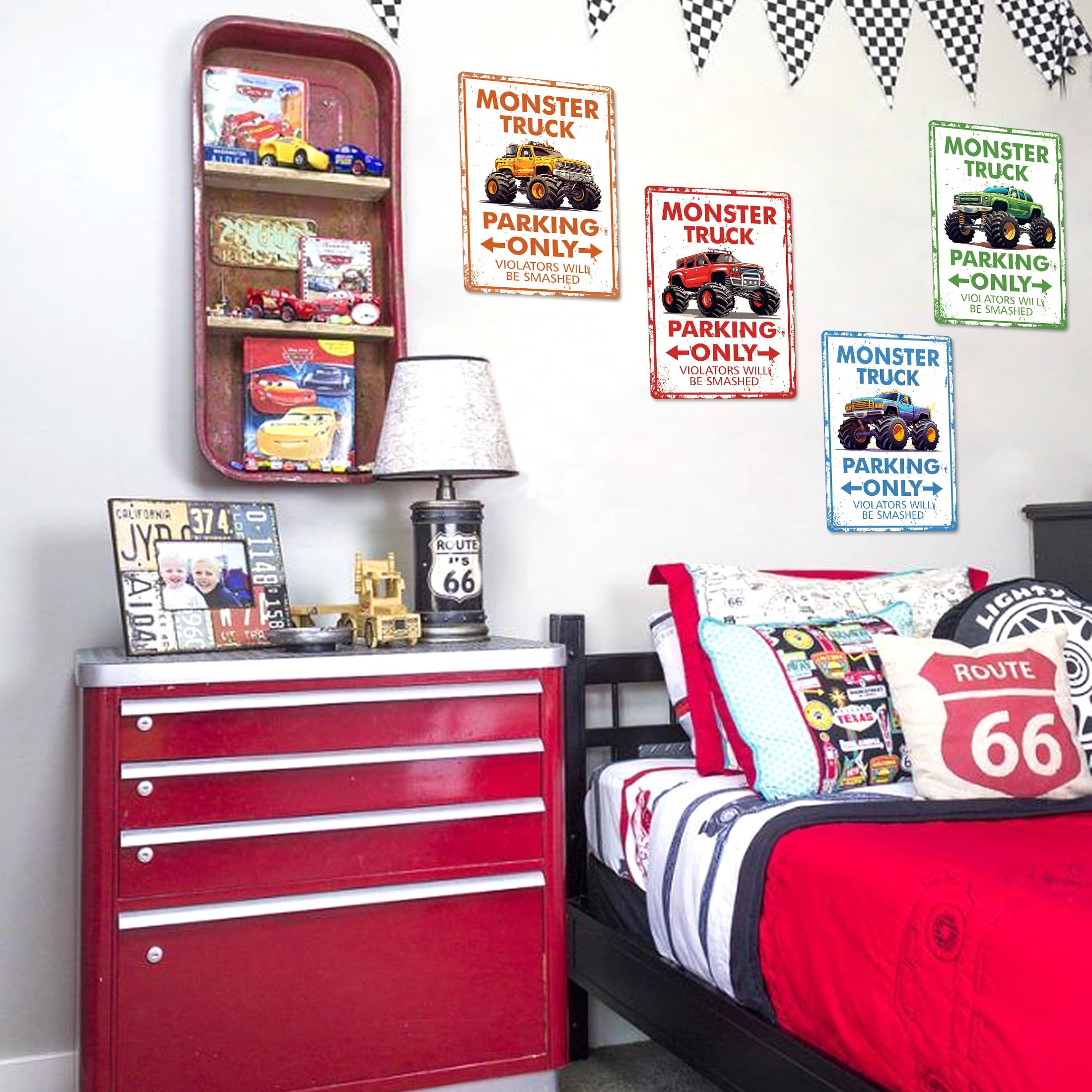 4 Pcs Monster Truck Parking Only Wall Decor for Boys, Monster Jam Only Violators Will Be Smashed Wall Room Door Signs, Monster T