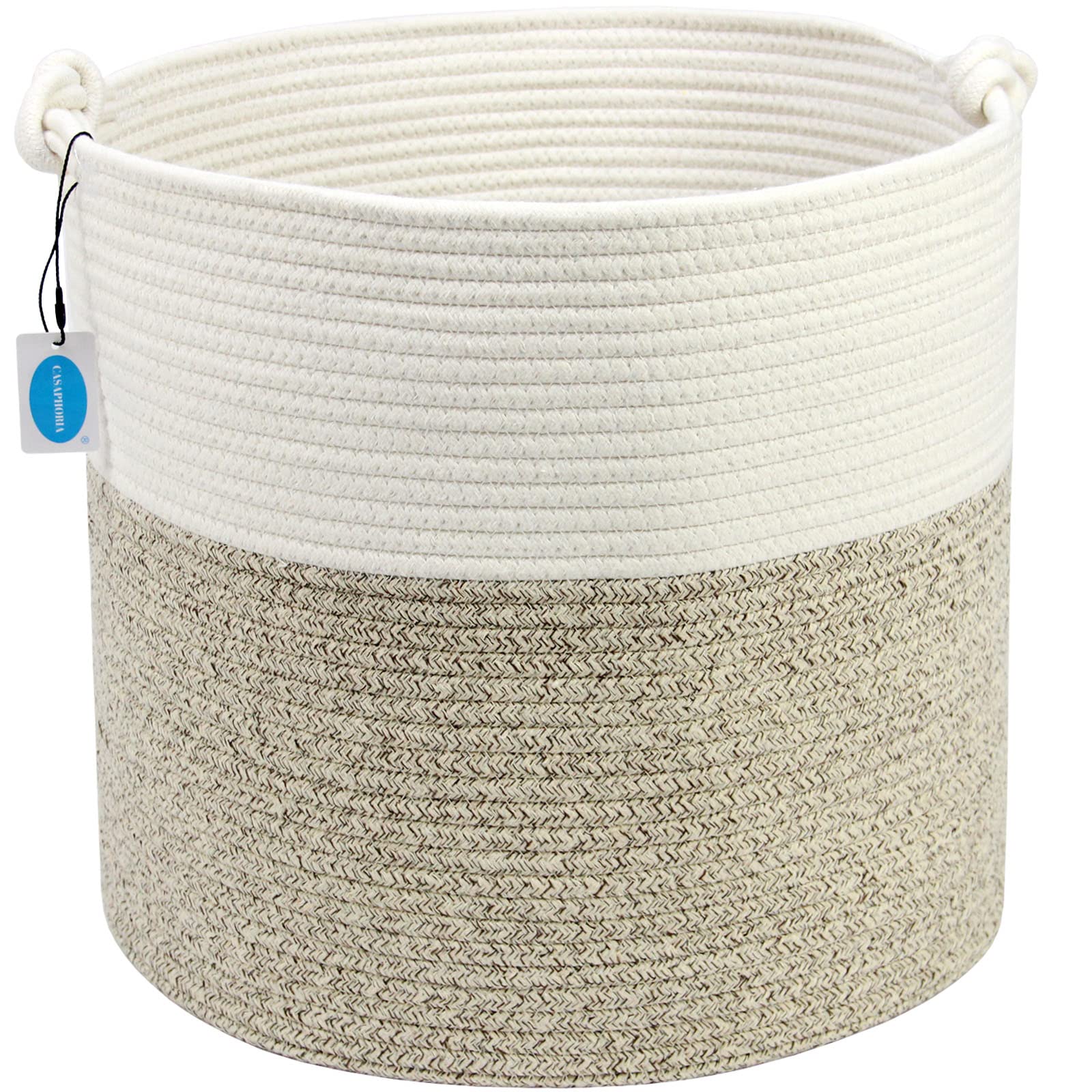 Casaphoria Natural Woven Cotton Rope Storage Basket for Organizing Towels Blanket Laundry Baskets for Bathroom Tall Laundry Basket for Bedroom Bicolor Round Woven Hampe with Handles for Living Room