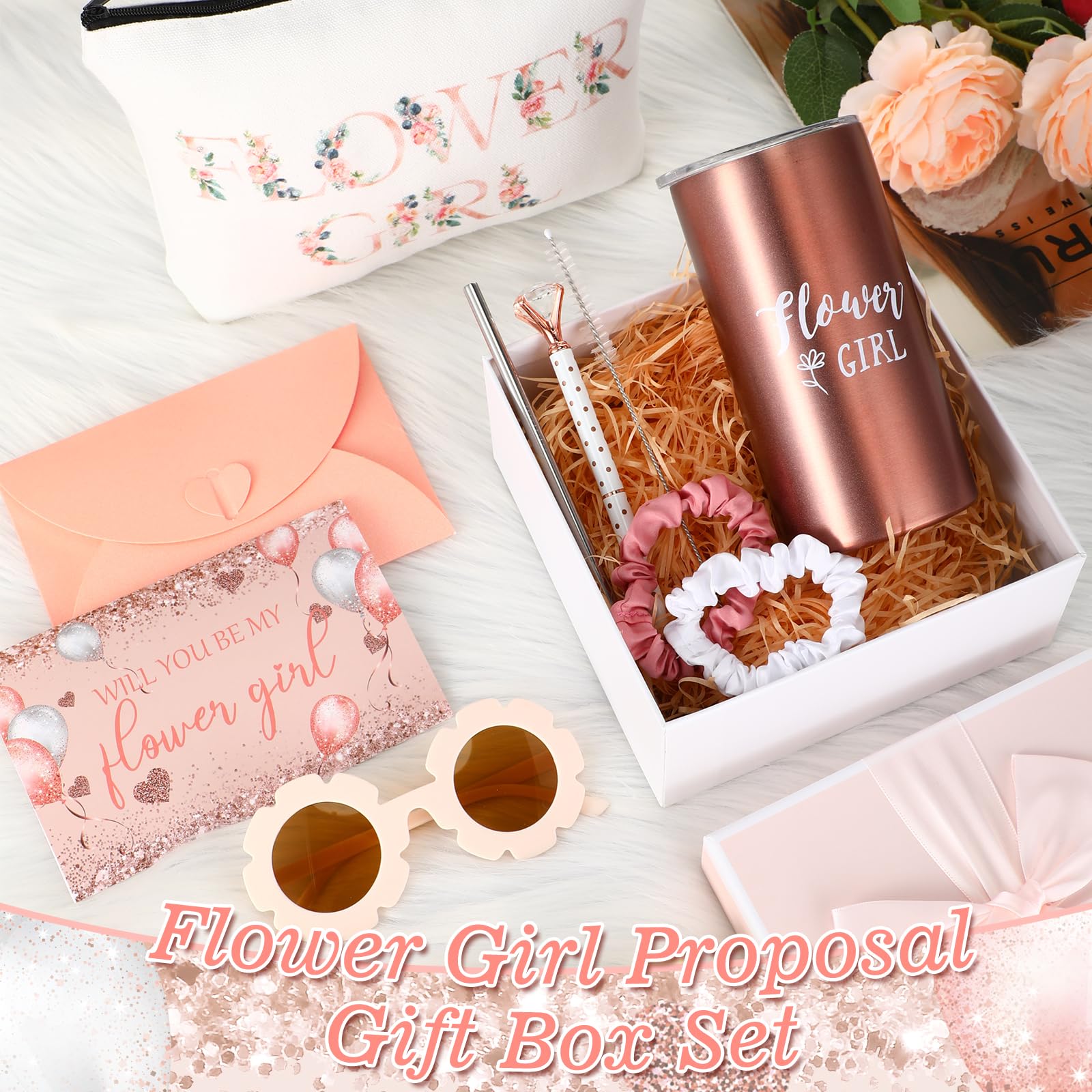 10 Pcs Flower Girl Gifts Set Flower Girl 14Oz Tumbler Canvas Bag Satin Scrunchies Kimono Robe Proposal Gift Box Sunglasses Diamo