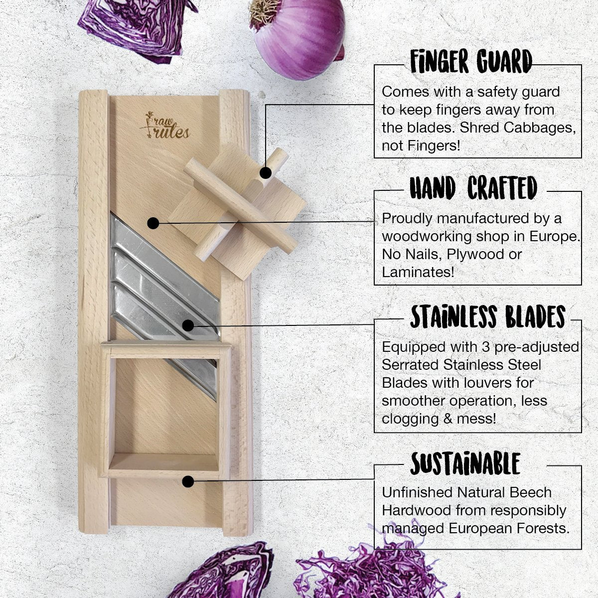 Compact Wooden Cabbage Shredder Slicer With Hand Guard For Finely Cut Sauerkraut And Coleslaw