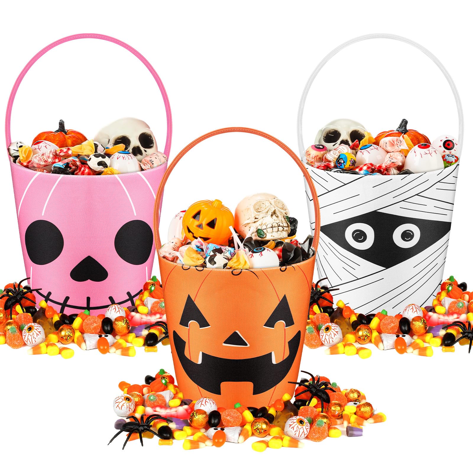 BBTO 3 Pieces Halloween Trick or Treat Bucket Candy Basket Canvas Halloween Party Tote Bags Goody Bucket for Kids Halloween Part