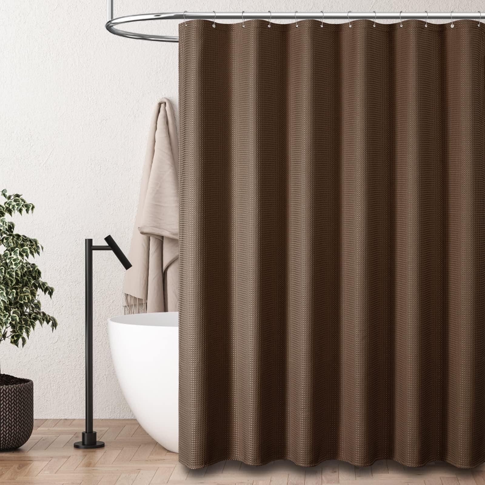 Dynamene Extra Long Shower Curtain - 84 Inch Long Brown Waffle Weave Heavy Duty Fabric Bathroom Shower Curtain  Neutral Weighted Hotel Thick Bath Curtain Set with 12 Plastic Hooks 72x84  Brown