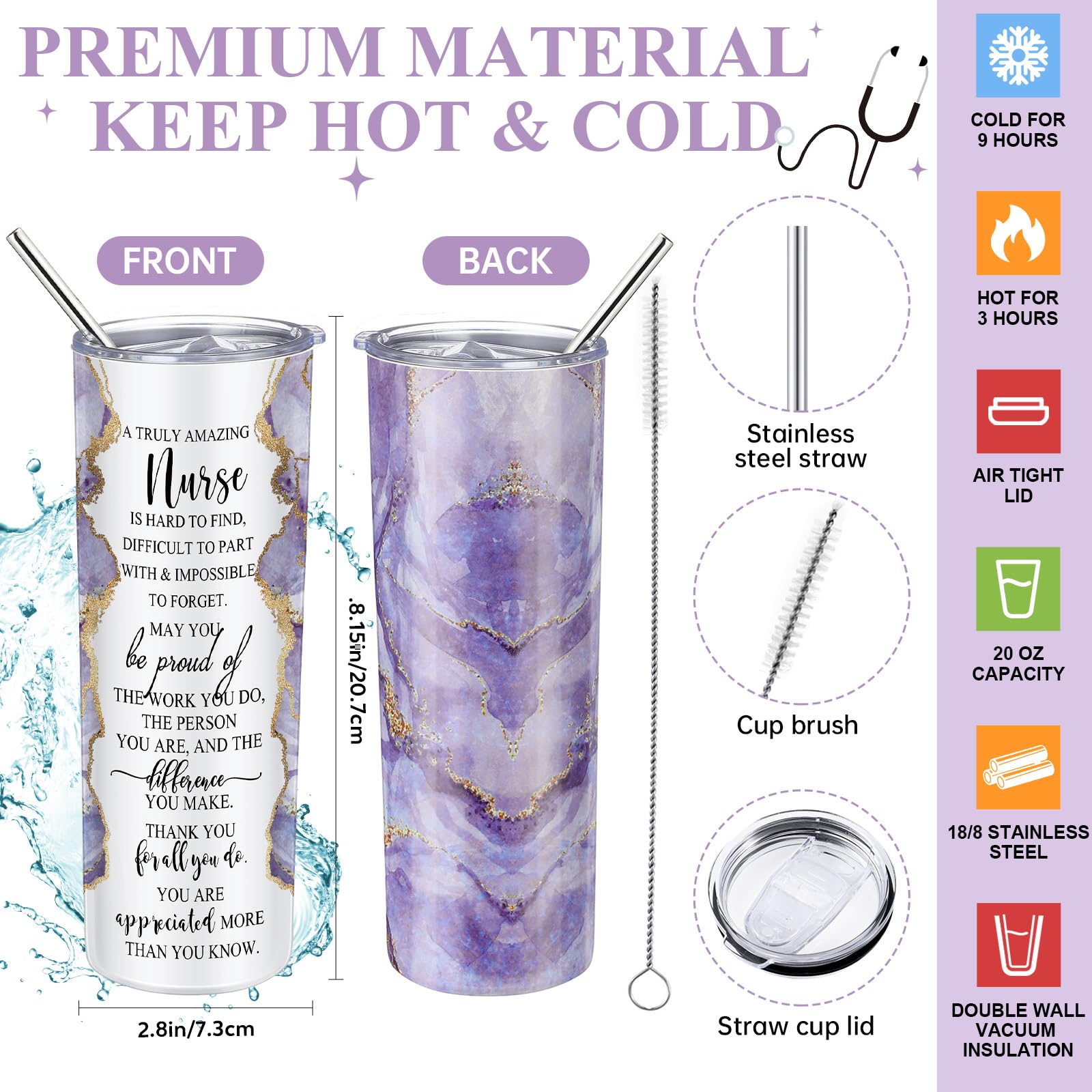 Domensi 6 Pcs Nurse Appreciation Gifts For Women Thank You Gift For Medical Nursing Assistant 20 Ounce Marble Sign Tumbler Makeu