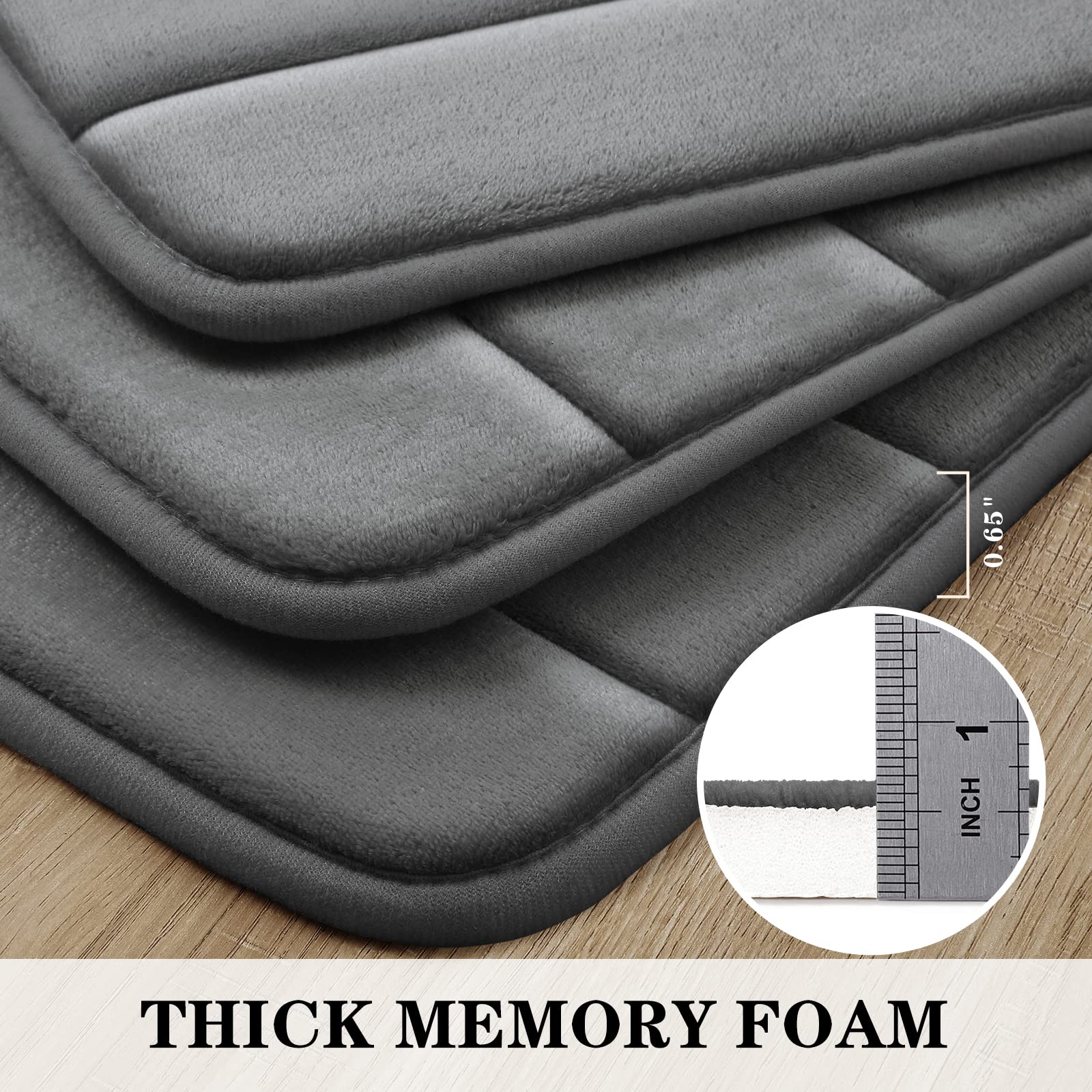 Bysure Dark Grey Memory Foam Bathroom Rug Set 3 Piece, Non Slip Extra Soft Absorbent Bath Mats, Machine Washable & Dry Toilet Ma