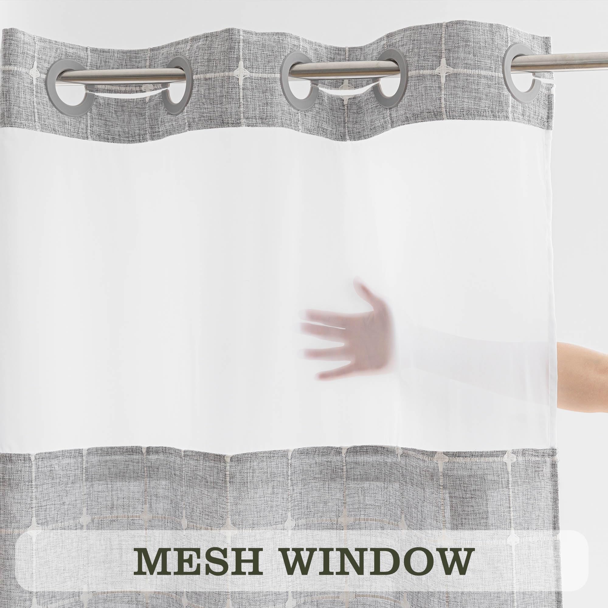 Farmhouse Shower Curtain With Snap-In Liner, No Hooks Needed Fabric Shower Curtains With Tassels For Rustic Bathroom Decor, With