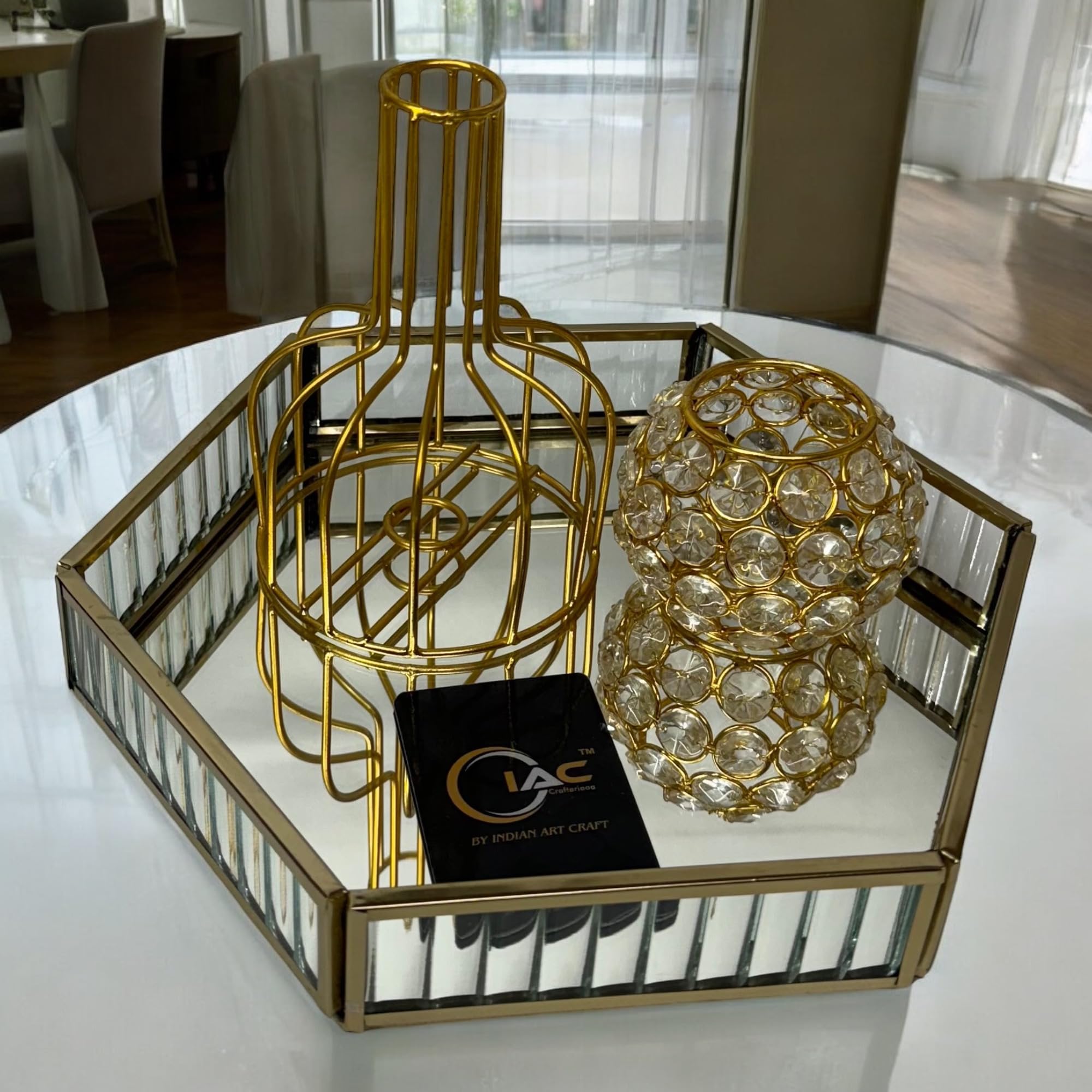 Iac Crafteriaaa Hexagon Fluted Glass Tray With Brass Rim And Mirror Base, Makeup Tray For Home Decor Jewelry Organiser, Vanity O