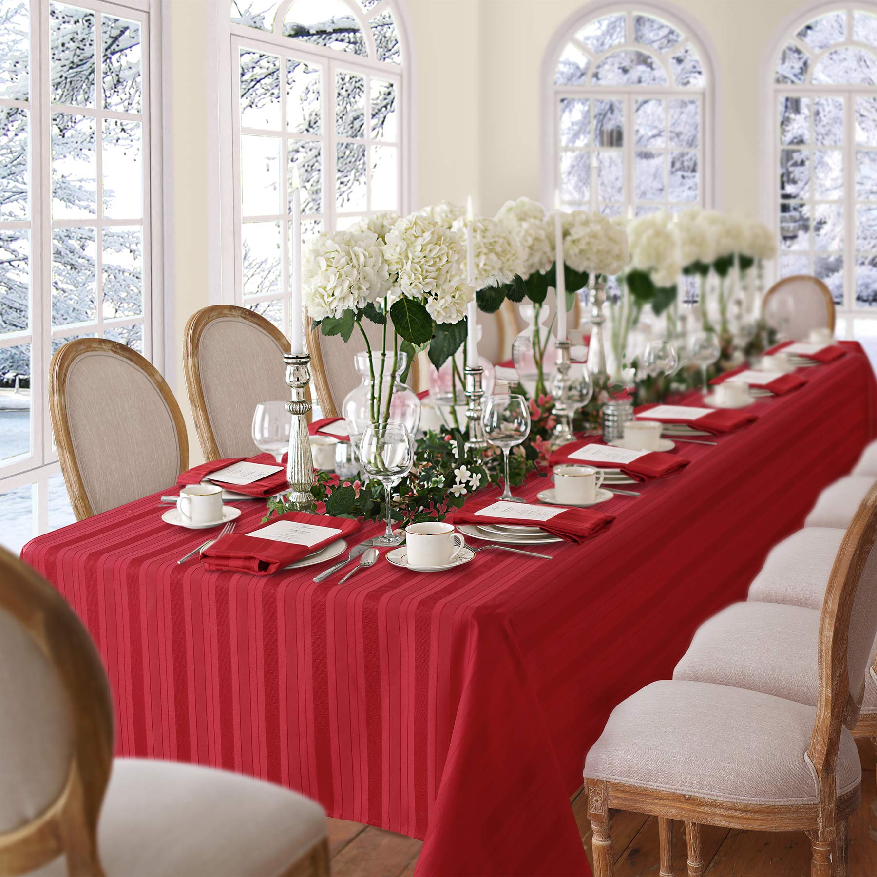 Newbridge Christmas Satin Stripe No-Iron Soil Resistant Fabric Holiday Tablecloth - 60 X 102 Oblong, Red