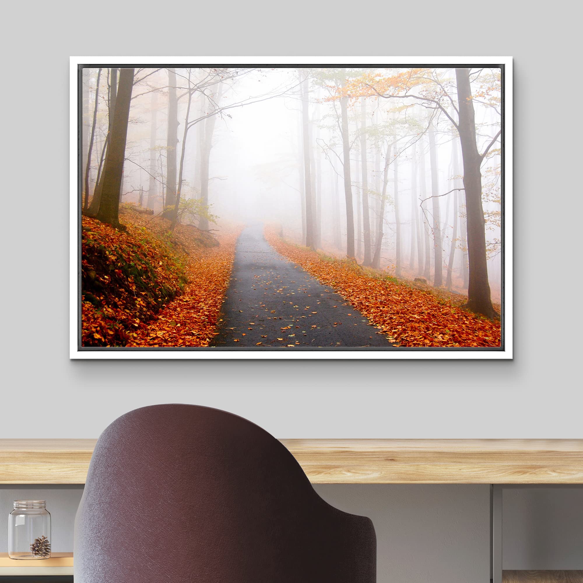 wall26 Framed Canvas Print Wall Art Foggy Autumn Forest Path with Orange Leaves Nature Wilderness Photography Modern Art Rustic Scenic Colorful for Living Room  Bedroom  Office - 24''x36'' White