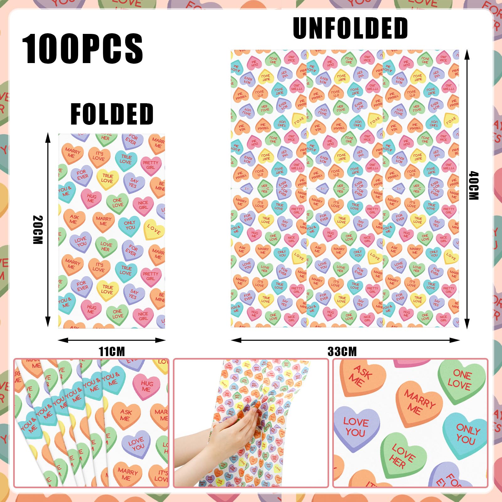 Tinlade 100 Pcs Valentine'S Day Conversation Heart Napkins Candy Love Colorful Disposable Paper Napkins Bulk Valentine'S Guest G