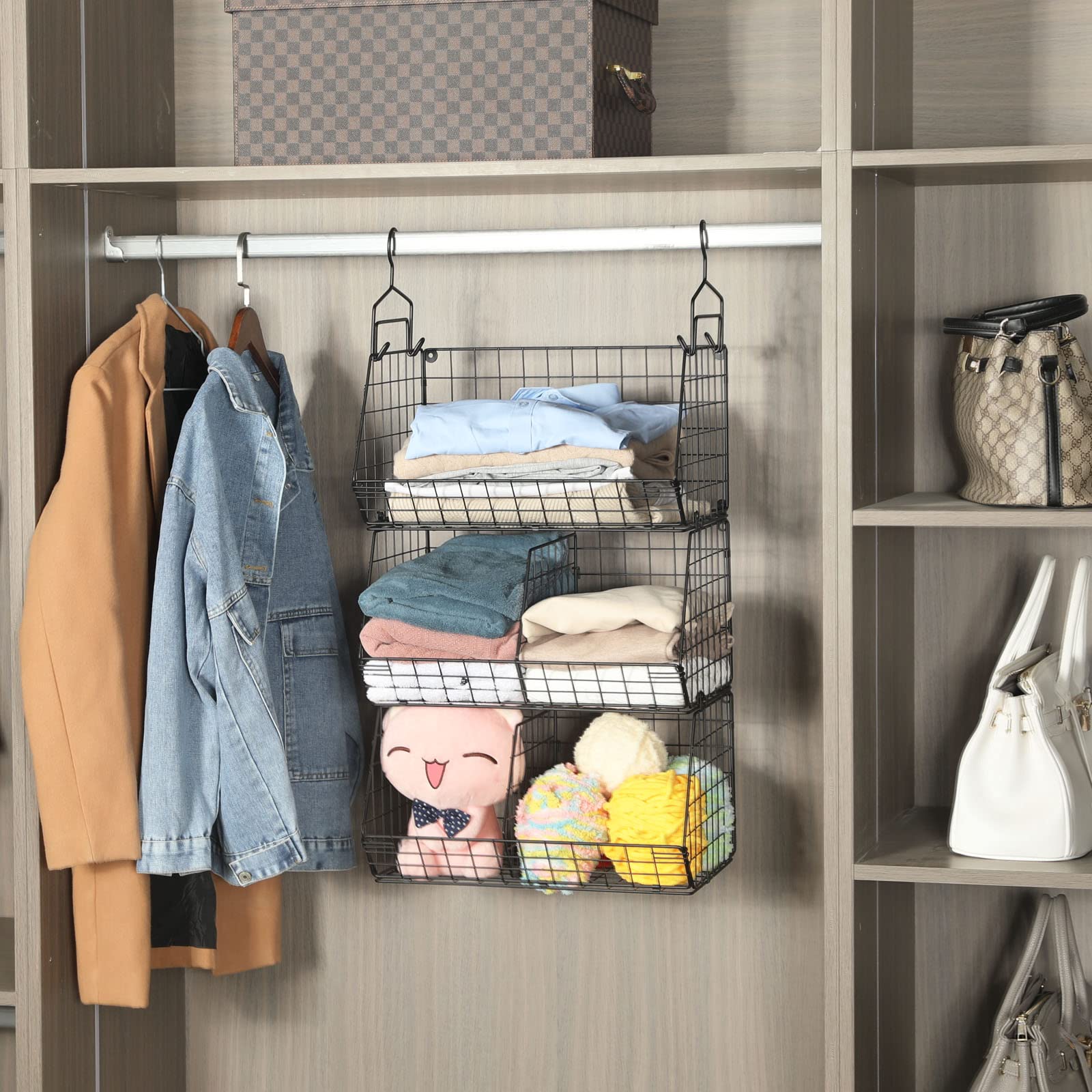 Jautokerdar 3 Tier Closet Hanging Shelves With Divider, Extra Large Closet Organizers And Storage, Clothes Hanging Organizer Clo
