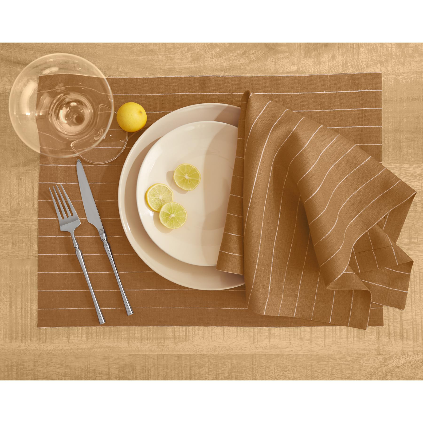 Solino Home Pinstripe Linen Placemats 19'' L X 14'' W Inch - 100% Pure Linen Camel And White Cloth Placemats Set Of 4 - Washable