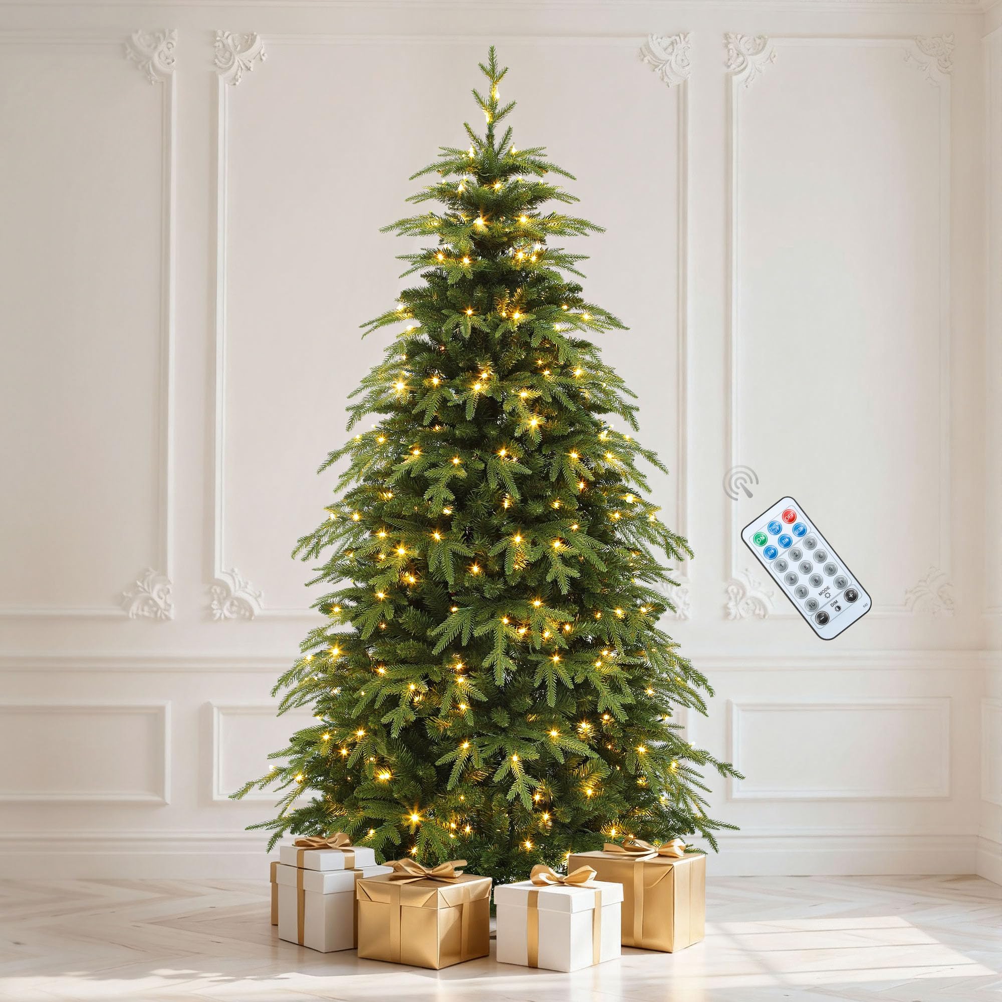 DWVO 6ft Prelit Christmas Tree with Lights, Full Downswept Artificial Fir Twinkle Christmas Tree with 1628 Metal Hinged Flame Re