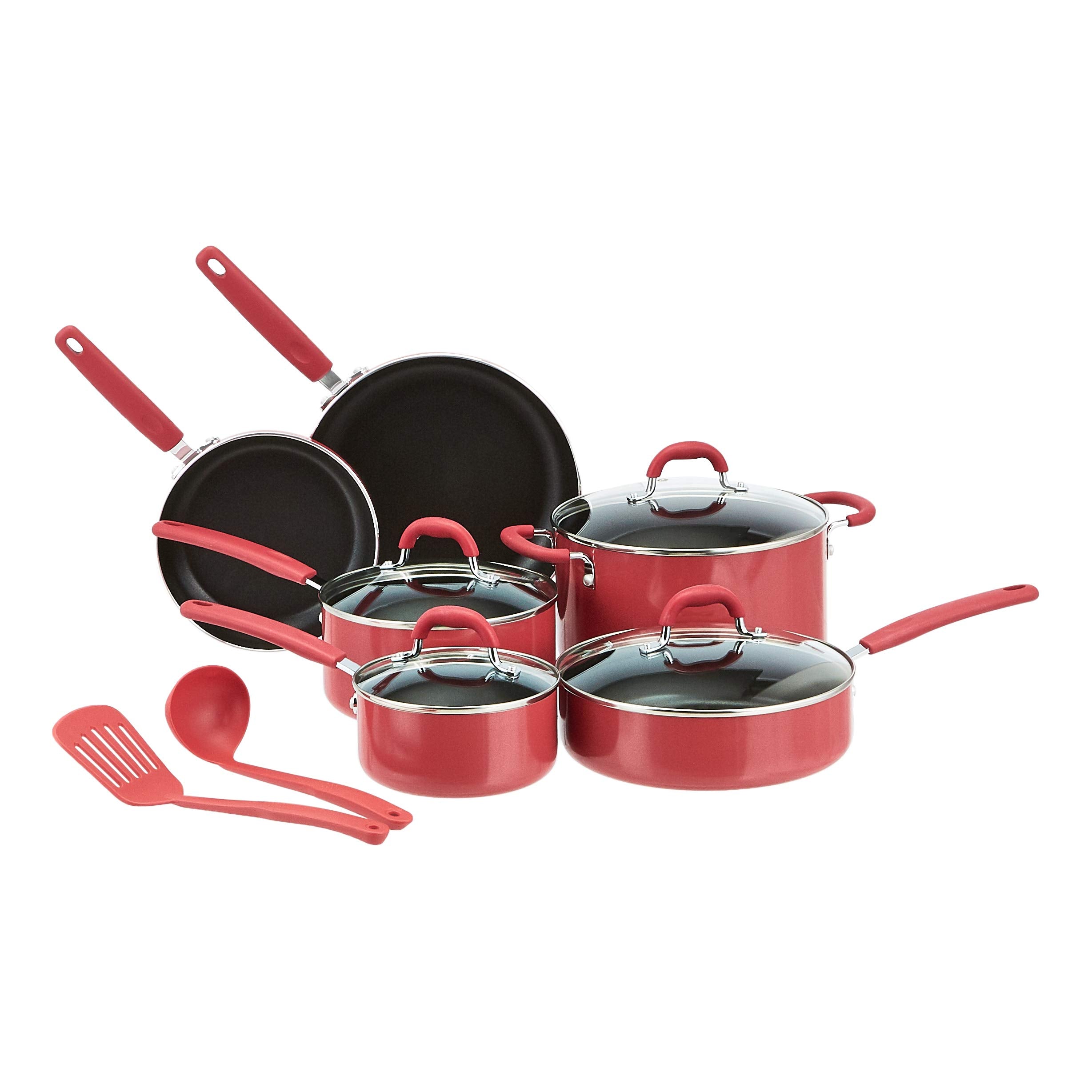 Amazon Basics Aluminum NS 12pc Red cookware set, 12 piece
