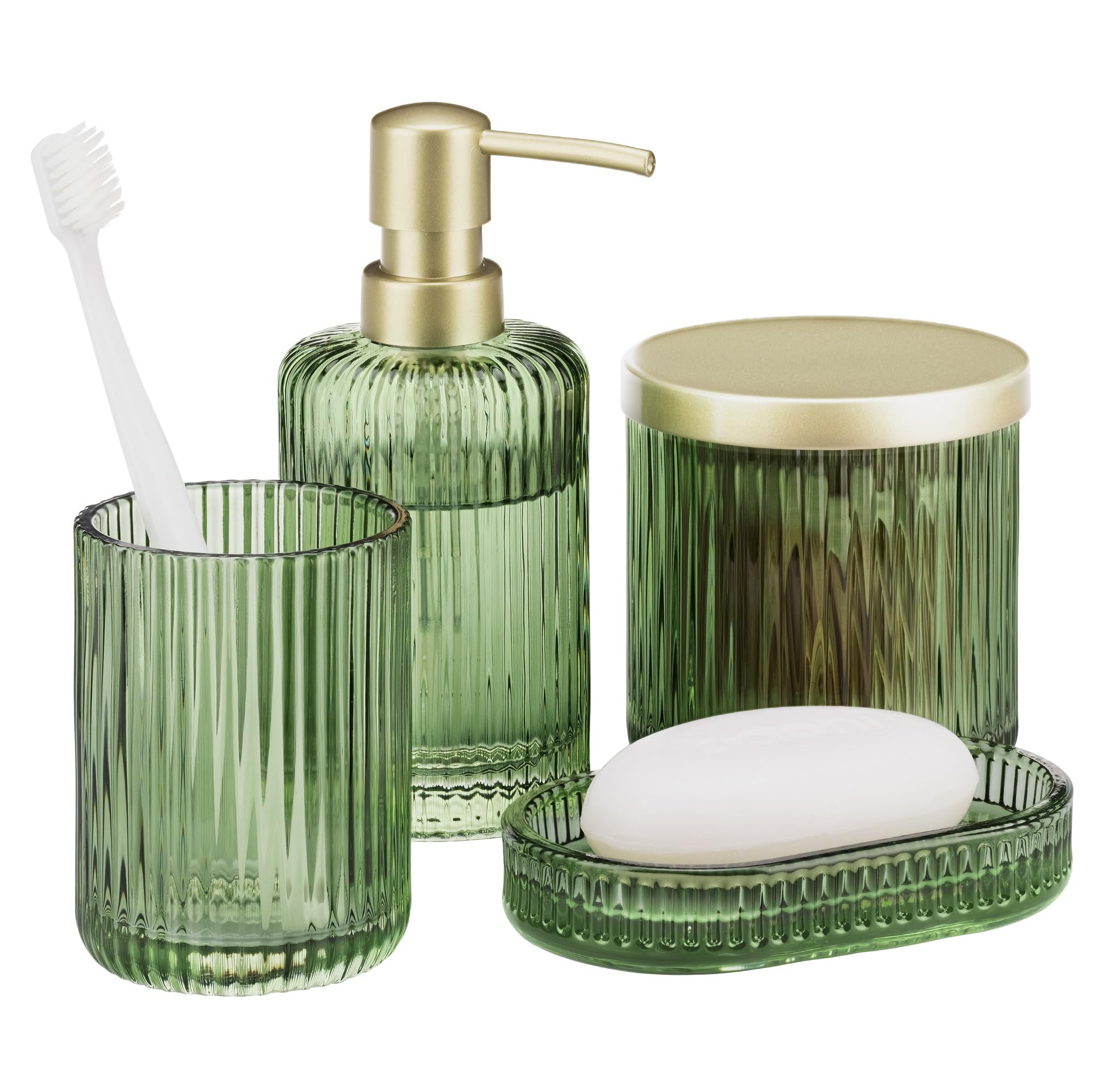 Navaris Glass Bathroom Accessories Set - Durable 4 Piece Accessory Set in Sage Green - Vanity Home Decor - Toothbrush Holder, So