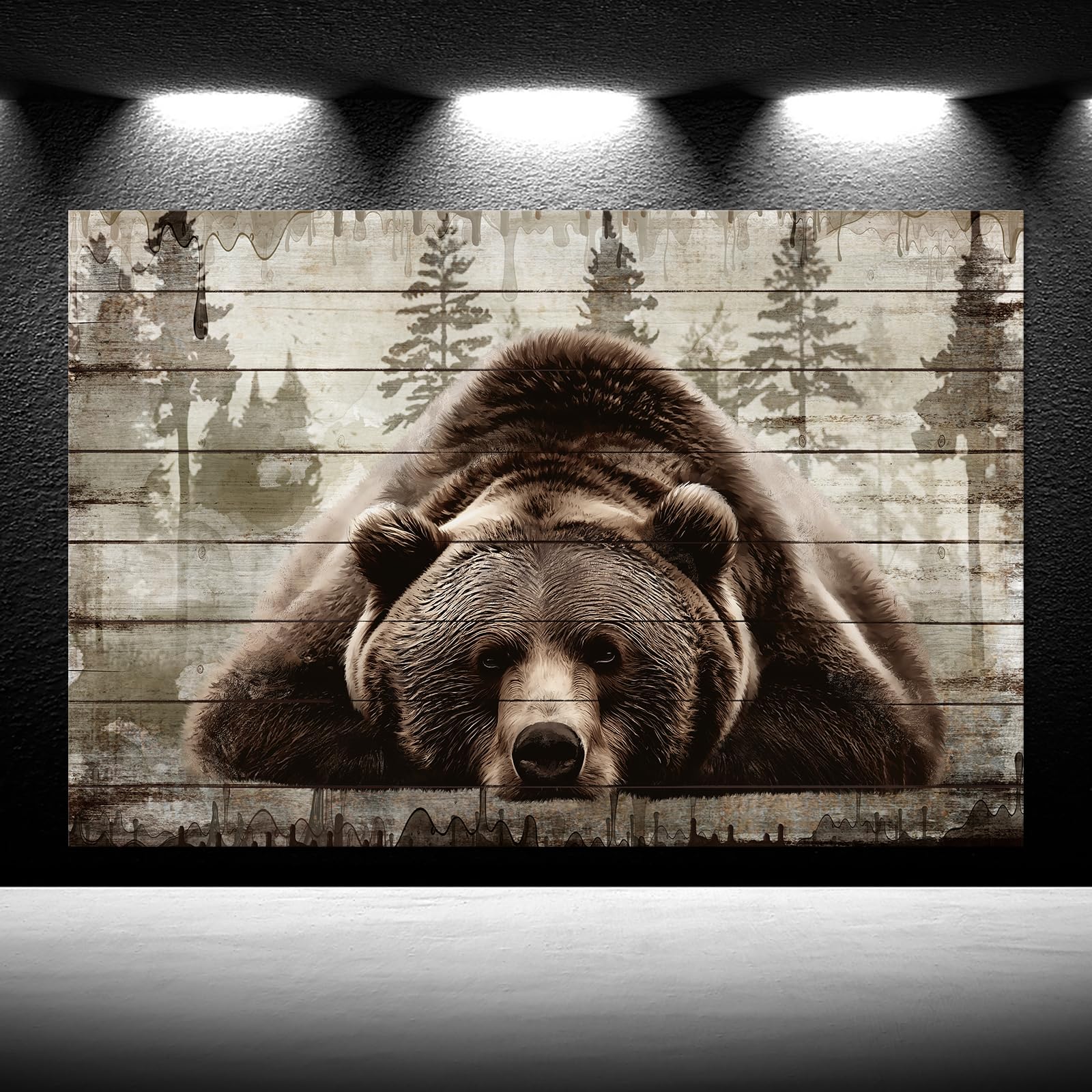 iKNOW FOTO Brown Wall Art Painting Grizzly Bear Prints On Canvas Vintage Forest Wildlife Animal Pictures Wall Art for Home Cabin Decoration Rustic Farmhouse Decor 16x24 Inches