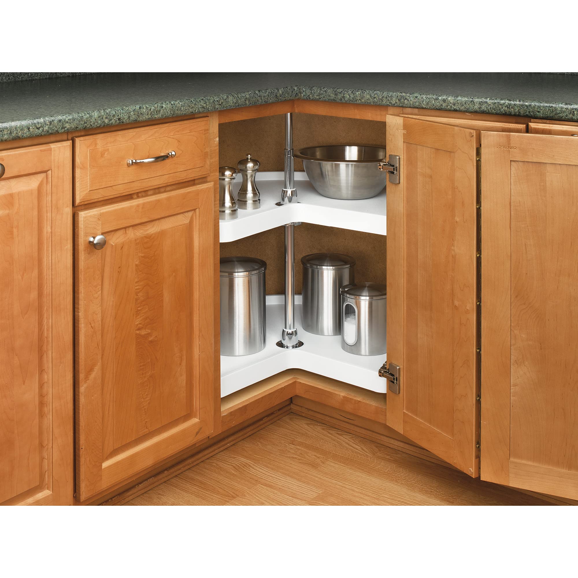 Rev-A-Shelf 28'' Kidney Shaped Dual Tier Lazy Susan Shelf Organizer For Corner Base Kitchen Cabinets, Plastic Home Storage, Whit