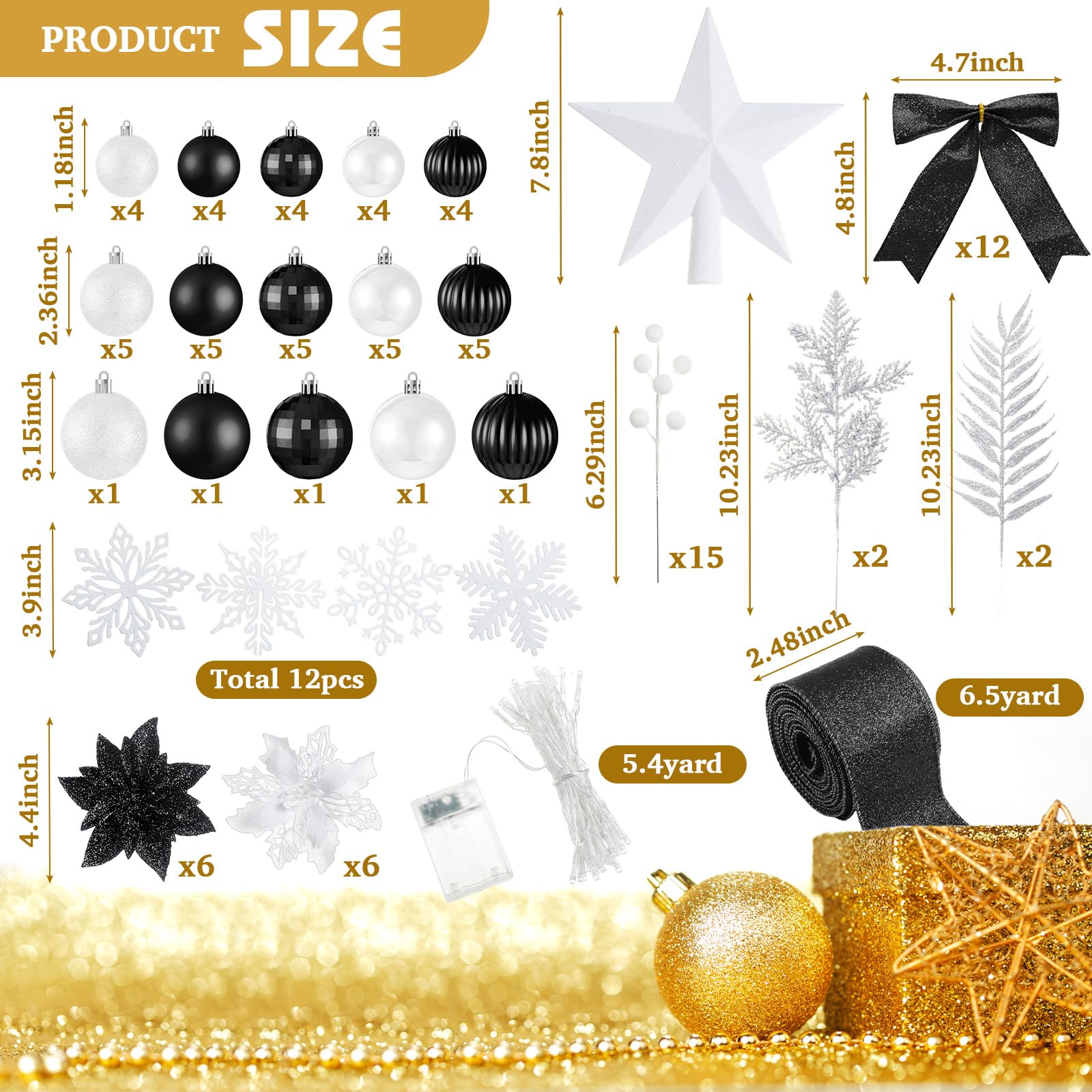 Poen 108 Pcs Christmas Tree Ornament Set Including Xmas Tree Ball Glitter Poinsettia Bows Berries Stems Leaves Snowflakes Ribbon