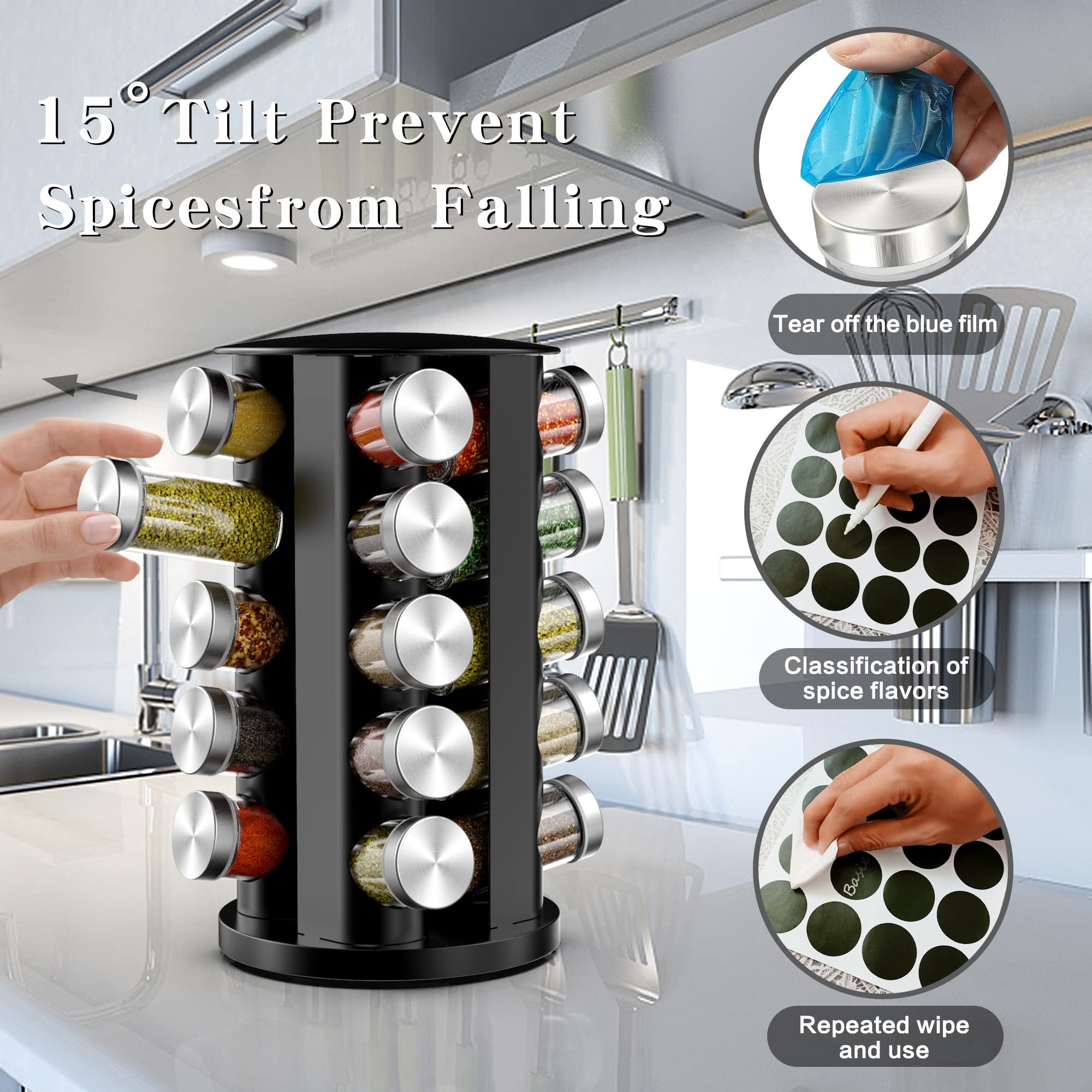 Handisen Rotating Spice Rack Organizer with 20 Jars, Black Spinning Storage for Kitchen Countertop