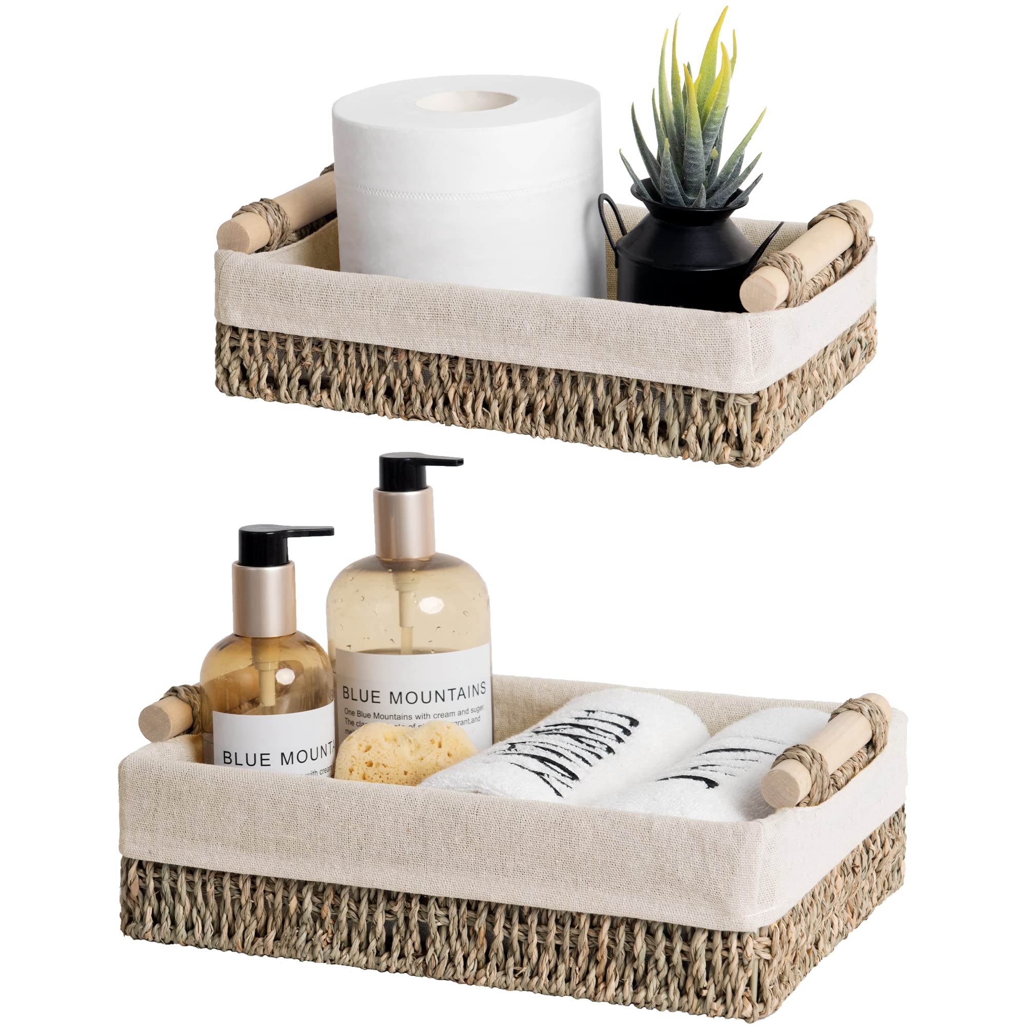 Storageworks Small Seagrass Baskets For Organizing, Wicker Basket For Organizer, Storage Baskets With Wooden Handles And Natural