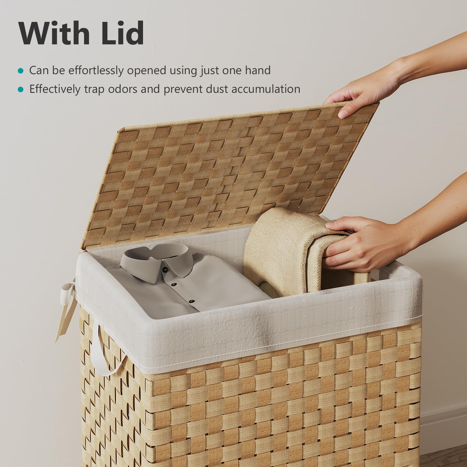 Foldable Laundry Hamper Basket With Lid By Fiona'S Magic, Handwoven 96L Large Clothes Hamper With Removable Liner Bags, Collapsi
