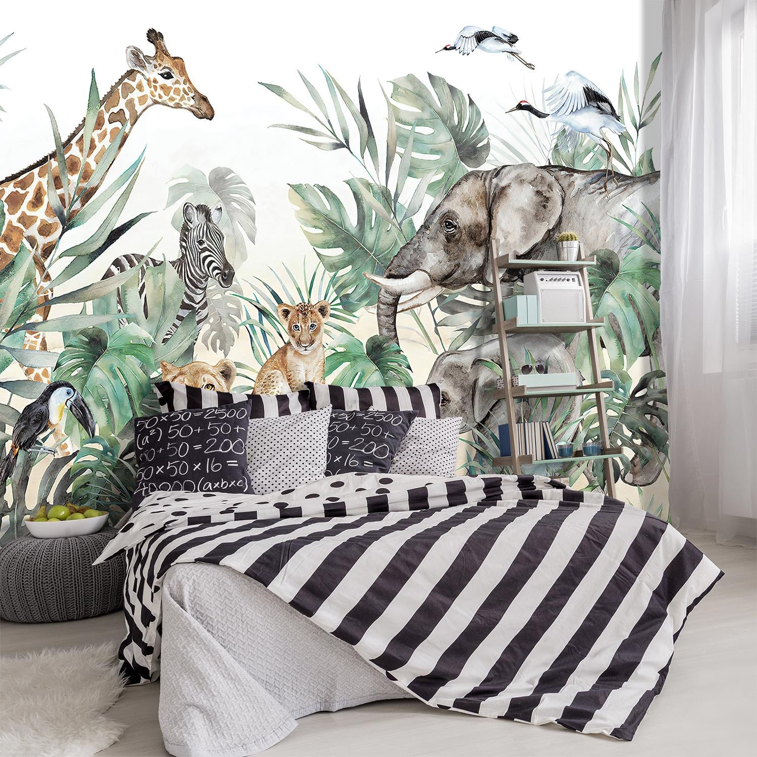 YIHWM -Tropical Rainforest Plants Animals Tigers Fabric Wallpaper Jungle Plants Banana Leaves Boys Girls Kindergarten Children B